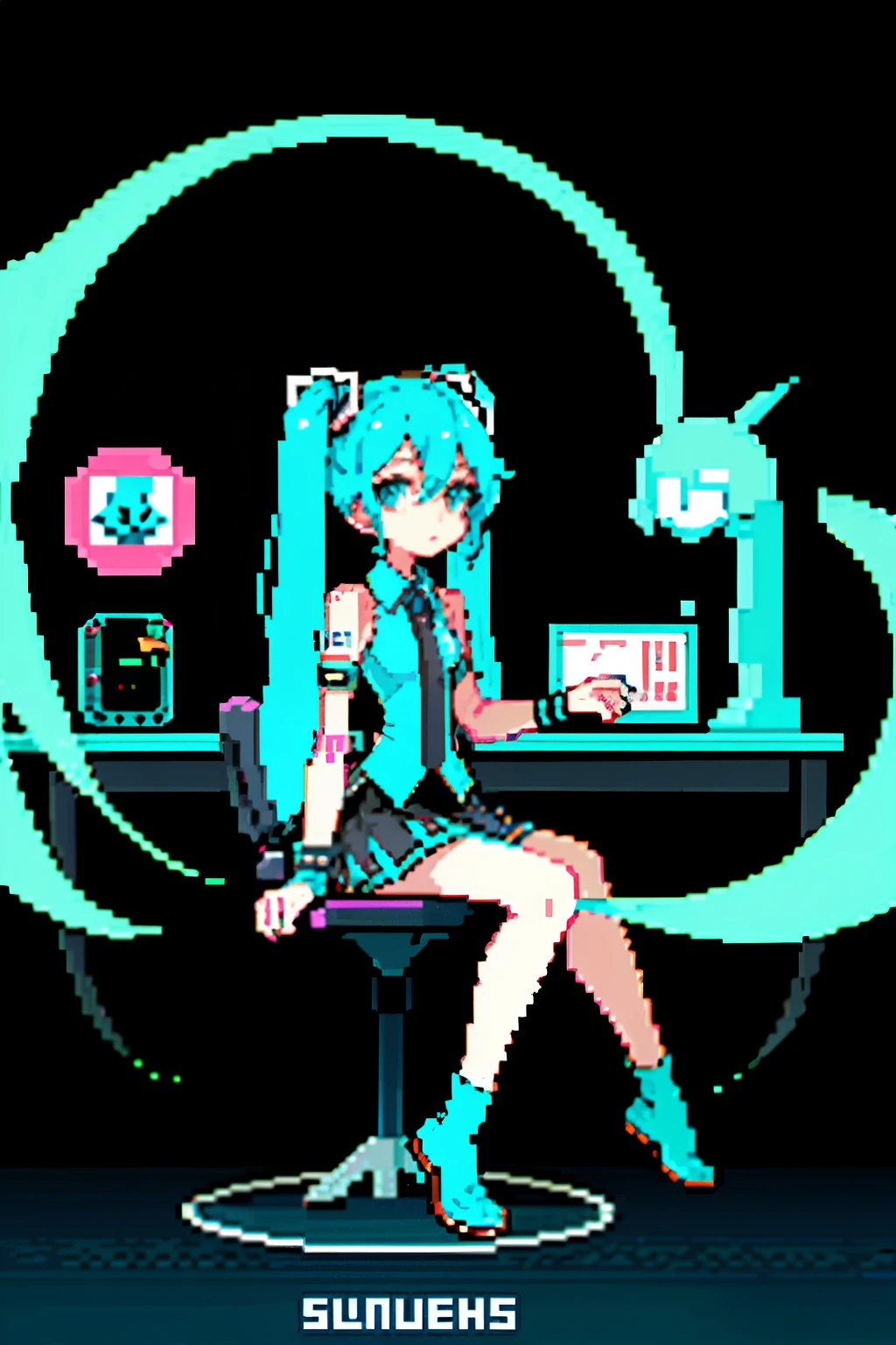 (Hatsune Miku playing video games -- S2)
Anime girl Hatsune Miku, sitting comfortably in her chair, focuses intently on the screen. Her vibrant, electric blue hair is tied up in twin-tails, adorned with small pink bows. Wearing her trademark white lab coat and a cute headphone headband, she is fully immersed in the gaming world.
The gaming room is dimly lit, with neon colors from the screen illuminating her face. Snacks and drinks are scattered on the table beside her, half-empty plates and plastic cups indicating late-night gaming sessions. The background is blurred, giving a sense of depth and