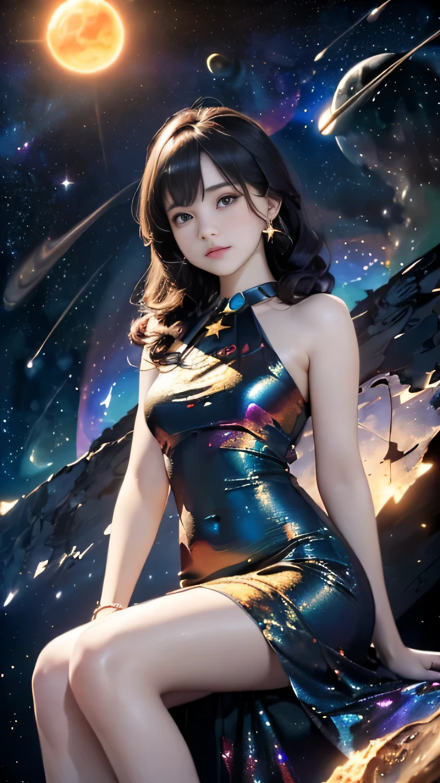 (((Masterpiece))),((top quality)),one beautiful girl,Pale, (A character who personifies the universe: 1.5), (((hair is a star:1.5)))、(planet dress:1.5)))、(belly button)、(sun:1.5),(plain clothes), (skin revealing),(The background is the night sky 1.5).(((from the front:1.5)))、(straight front: 1.5)、(((sit on a comet:1.5)))、
