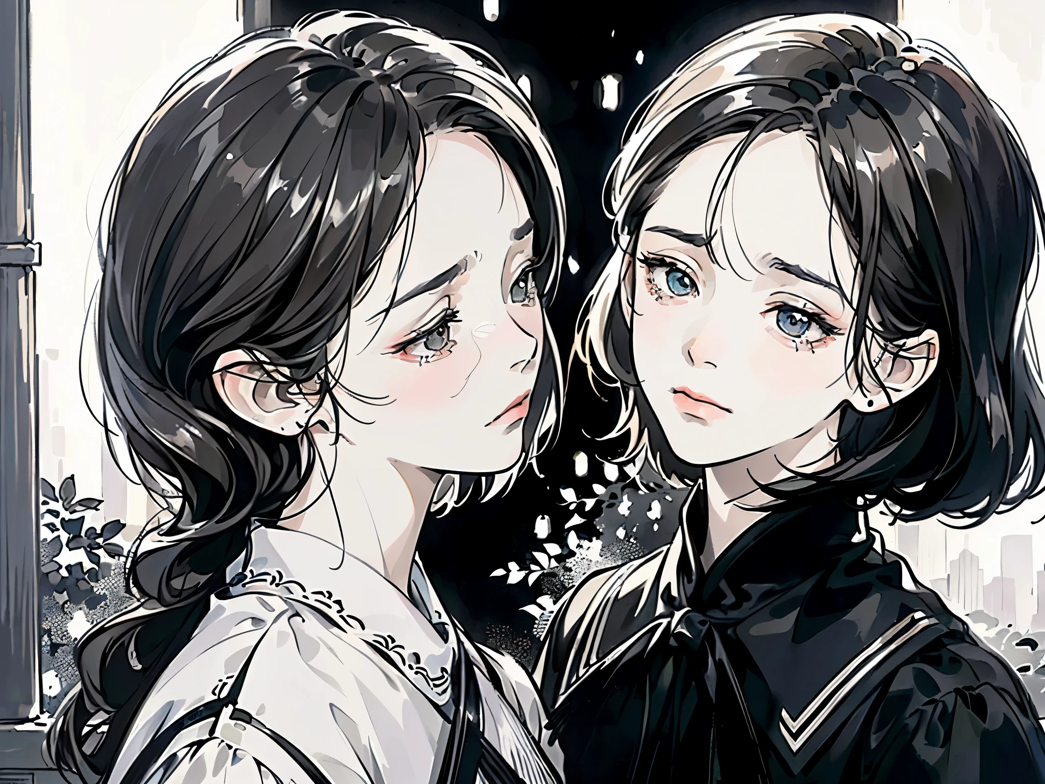 (highres,4k),(detailed,portraits:1.1),(sad expressions,emotional eyes and faces),(mature,depicting sadness:1.1),(two women,opposite directions),(1930s women's dresses),(outdoor background),(monochrome painting),(highly detailed,realistic:1.37),(brushstrokes),(subtle lighting)