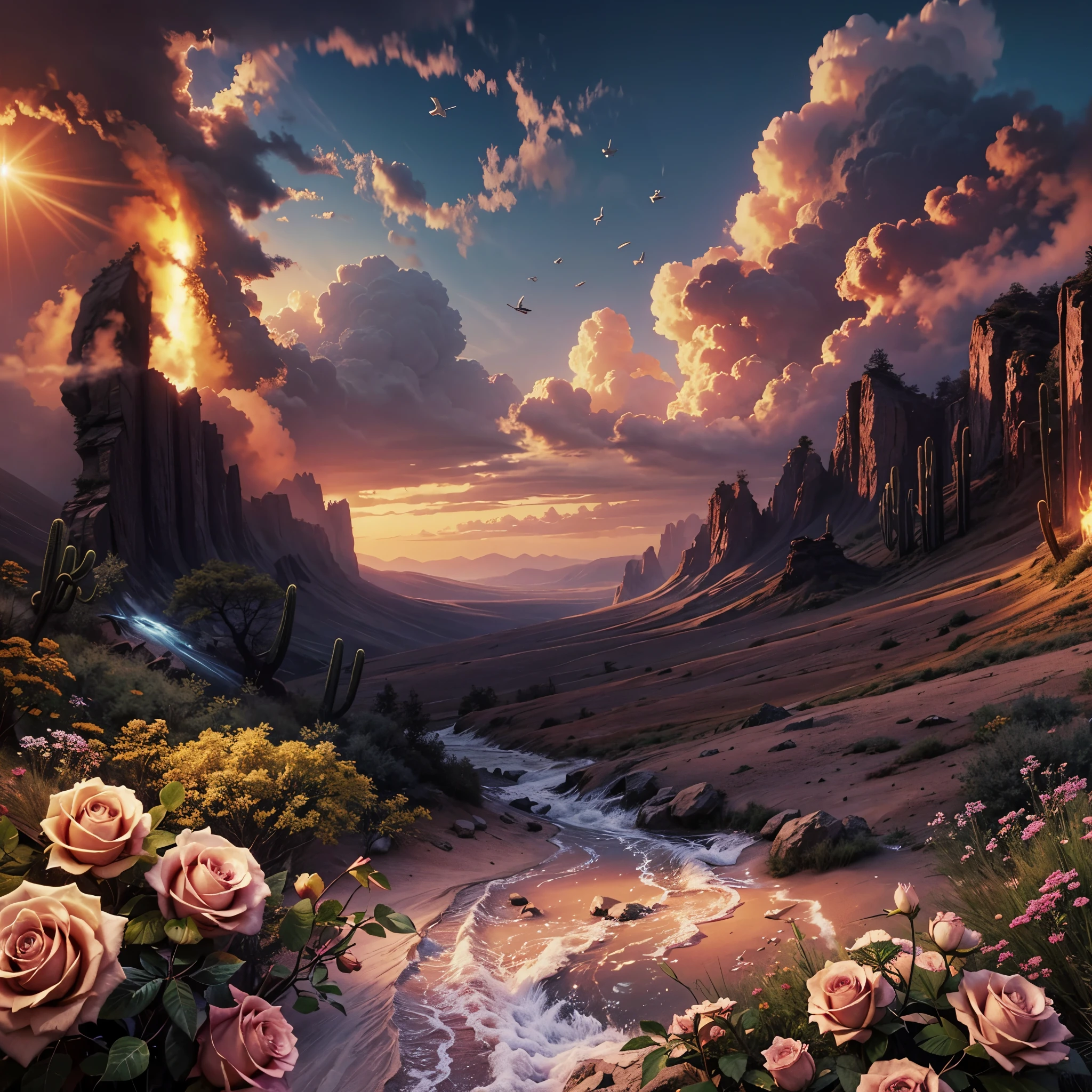 Summer, desert, pink clouds, a land overgrown with roses, James Gurney, art station rendering, ultra-wide lens, high definition
