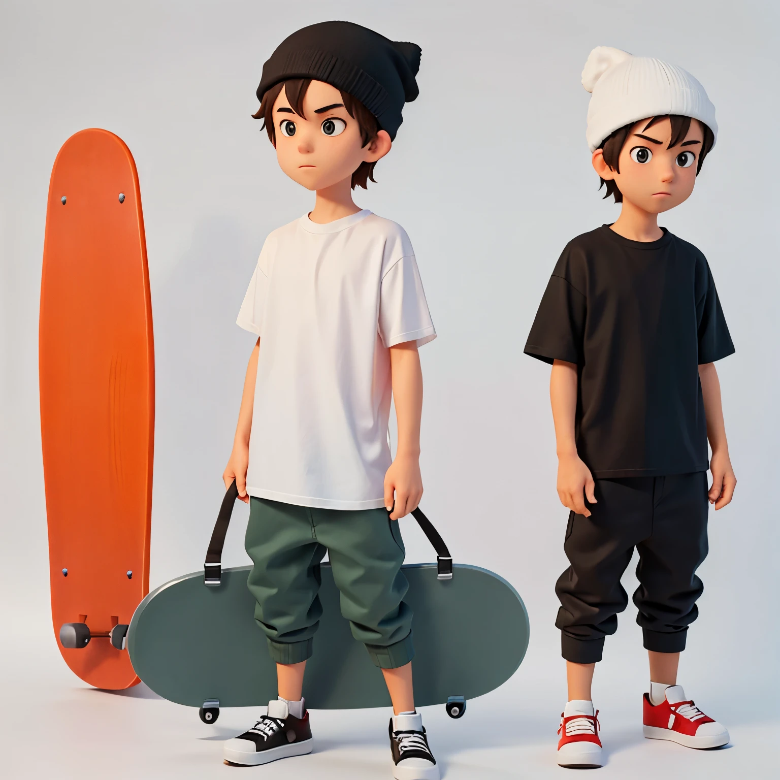 a guy wearing plain white t-shirt, has a black skate board. wearing black baggy pants, black beanie, and black shoes. he is in skatepark.