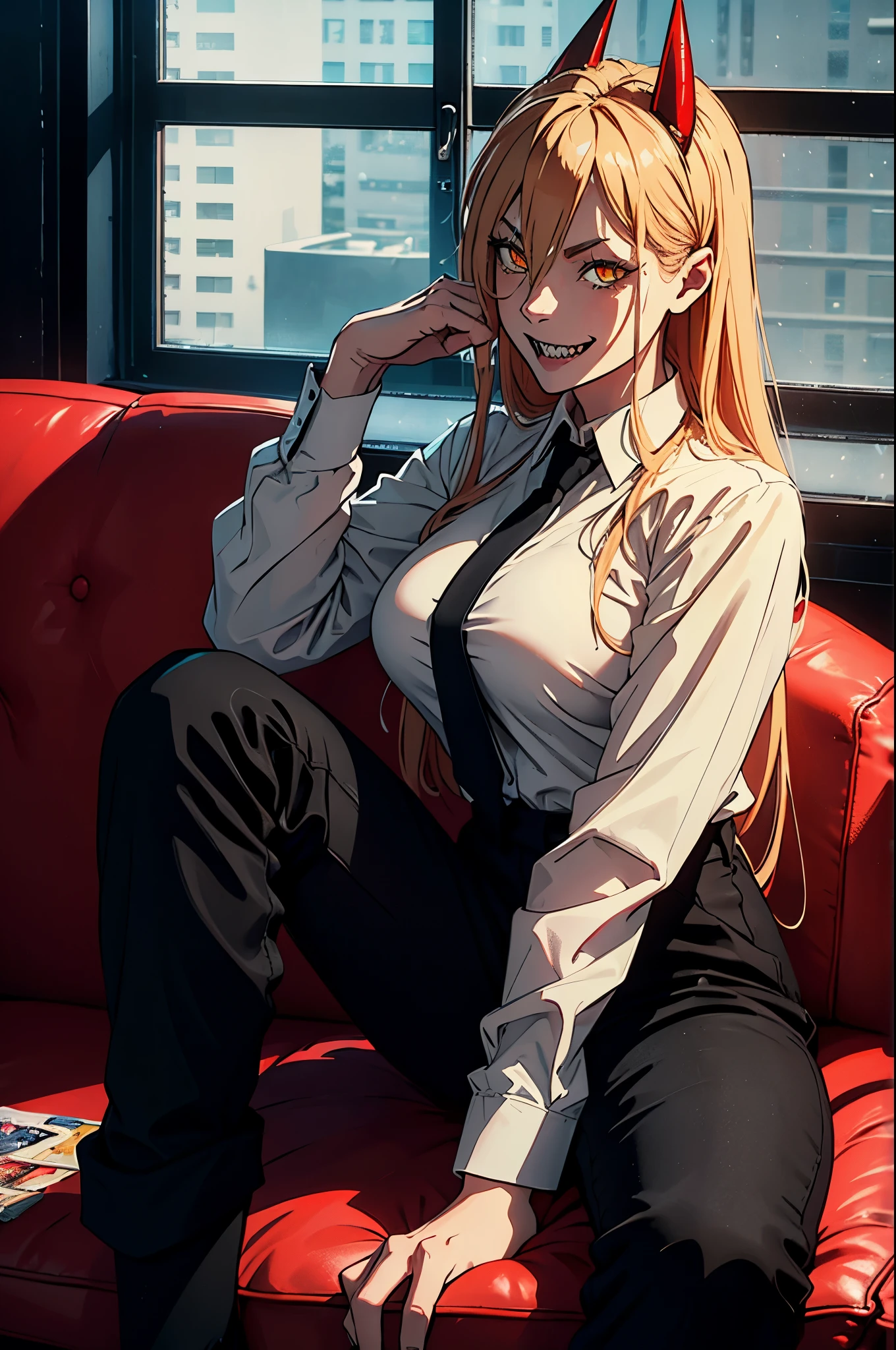 power from chainsawman, yellow vivid eyes, with her iconic two red horns on top her head, fangs, sharp teeth, wearing loose white long sleeve, black tie, black dark business pants, big breasts, apartment setting, furnished, snacks and drinks, sitting on couch, raining outside, window, nighttime, indoor light, smiling