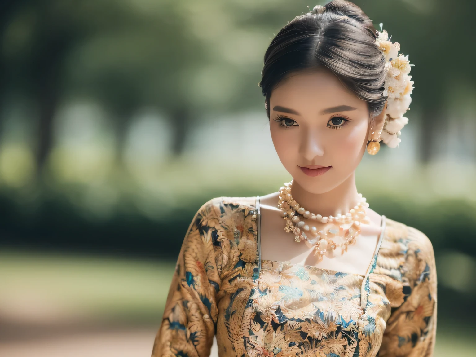 (best quality,4k,8k,highres,masterpiece:1.2),ultra-detailed,(realistic,photorealistic,photo-realistic:1.37), one stunning Burmese patterned traditional dress lady, MMTD BURMESE PATTERNED TRADITIONAL DRESS WEAR BEAUTIFUL queen,WEAR PEARL NECKLACES AND GOLD BRACELETS,FULL BODY DETAILS BEAUTY, beautifully adorned,eye-catching brocade patterns,rich and vibrant colors,detailed embroidery work,exquisite textures,meticulously handcrafted dress,vividly captures the essence of Burmese culture,traditional floral motifs,graceful silhouette,fine folds and pleats,accentuates the lady's elegance,black single bun hair with flower,intricately arranged hairpiece,delicate and feminine,adds a touch of sophistication,soft yet confident expression,deep and captivating eyes,lustrous lips with a hint of a smile,flawless complexion,golden accessories,polished and refined,mesmerizing presence,subtle lighting,dramatic shadows,showcases the lady's grace and beauty,immersive visual experience, full body photoshoot, perfect body, perfect hands, big bust.