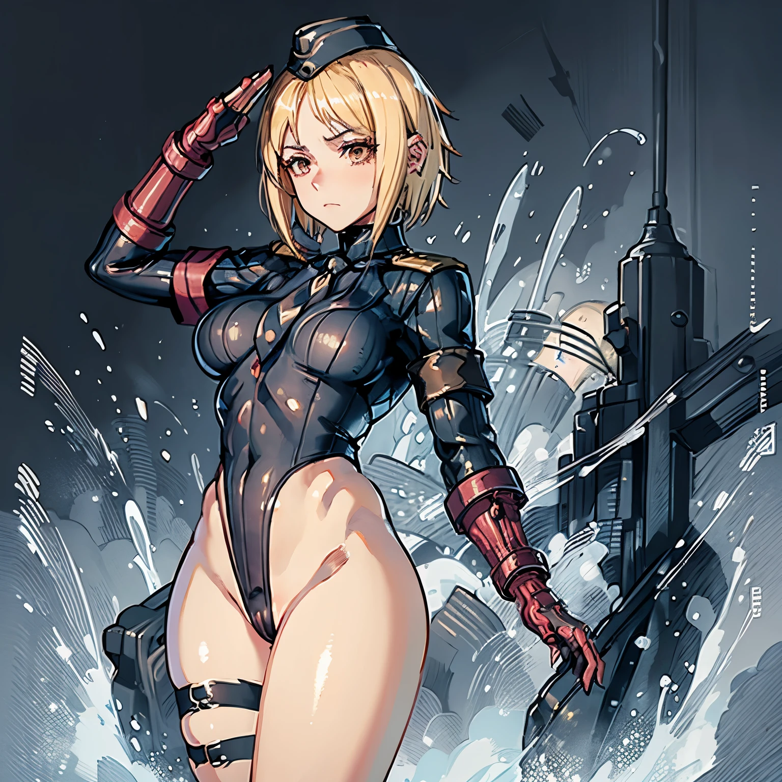 ultra-detailed, Explicit, Beautiful body, Beautiful Nose, Beautiful character design, perfect eyes, perfect face, ultra highres, 4K, beautiful legs, perfect legs, Nice hands, Perfect hand, Masterpiece, Best Quality, Highly detailed, illustration, absurdres, perfect anatomy, street fighter, doll suit, shadaloo doll, dollsuit, expressionless, blank eyes, looking at viewer, red gloves, emotionless, black latex, corruption, mind control, female combatant, full body, hypnotized, unhappy trance, full body suit, ribbed bodysuit, both arms at side, obey, perfect female body, extremely glossy latex, hypnosis, hypnoLora, empty eyes, Mind control device, poses, submissive_pose, Slave, standing straight, standing, standing at attention, hat, necktie, belt, latex, ribbed bodysuit, thigh Highs, garter belt, Fighting Stance, extending the right arm from the shoulder into the air with a straightened hand, military, thigh boots, black pantyhose, (((pixel-perfect, detail-perfect))), solo, 1girl, hair ornaments, short hair, blonde hair, golden eyes, MP40, Girls' Frontline, medium breast, salute, saluting, military saluting