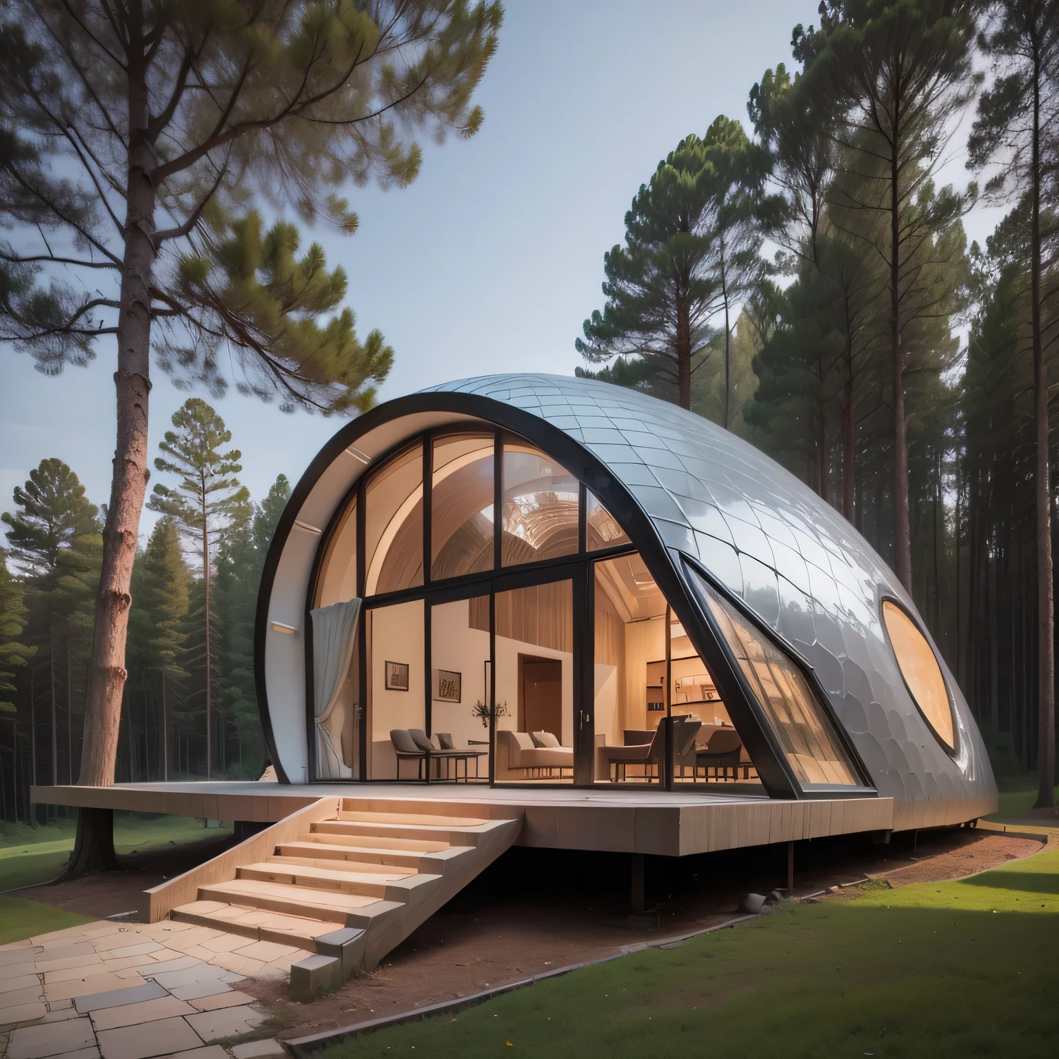 A huge membrane structure dome-shaped house，The roof adopts membrane structure，There are stairs leading outside, futuristic house, circular architecture, ultra - futuristic architecture, Modern house in the woods, house in forest, Zaha Hadid architect's style, by Zha Shibiao, metal building, molten metal house, very futuristic feeling, futuristic architecture, unique architecture!, concept house, Stylish utopian design, dome