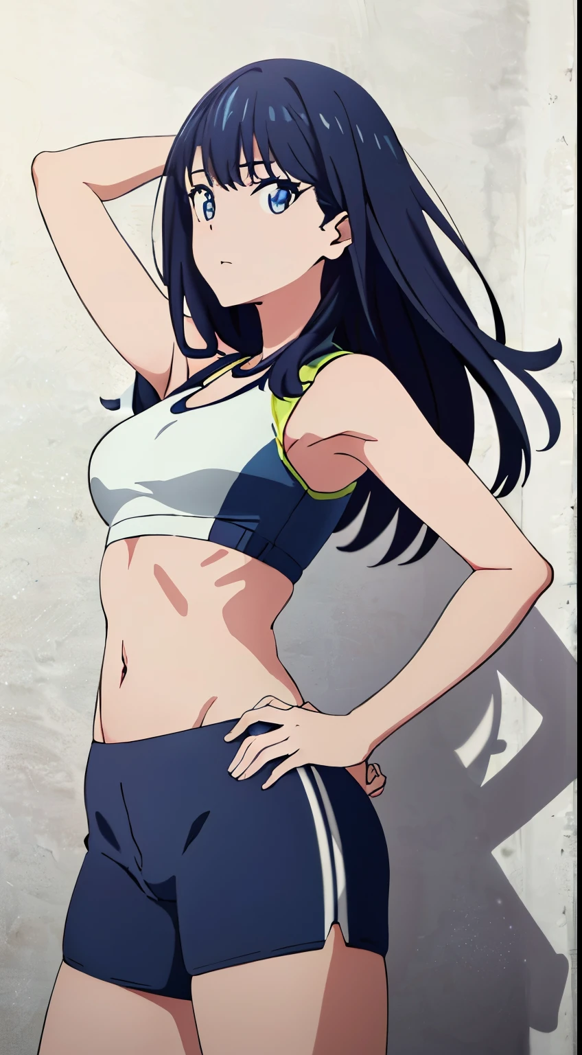 masterpiece, highest quality, High resolution,takarada rikka,anime,1 girl, black hair,blue eyes,(sports bra,spats,fitness,),stylish pose,looking at the viewer,in the center of the image, (lively_color:1.2) (beautiful_medium breasts:1.3), (beautiful_face:1.4),(slim_waist),(beautiful_thighs:1.1),