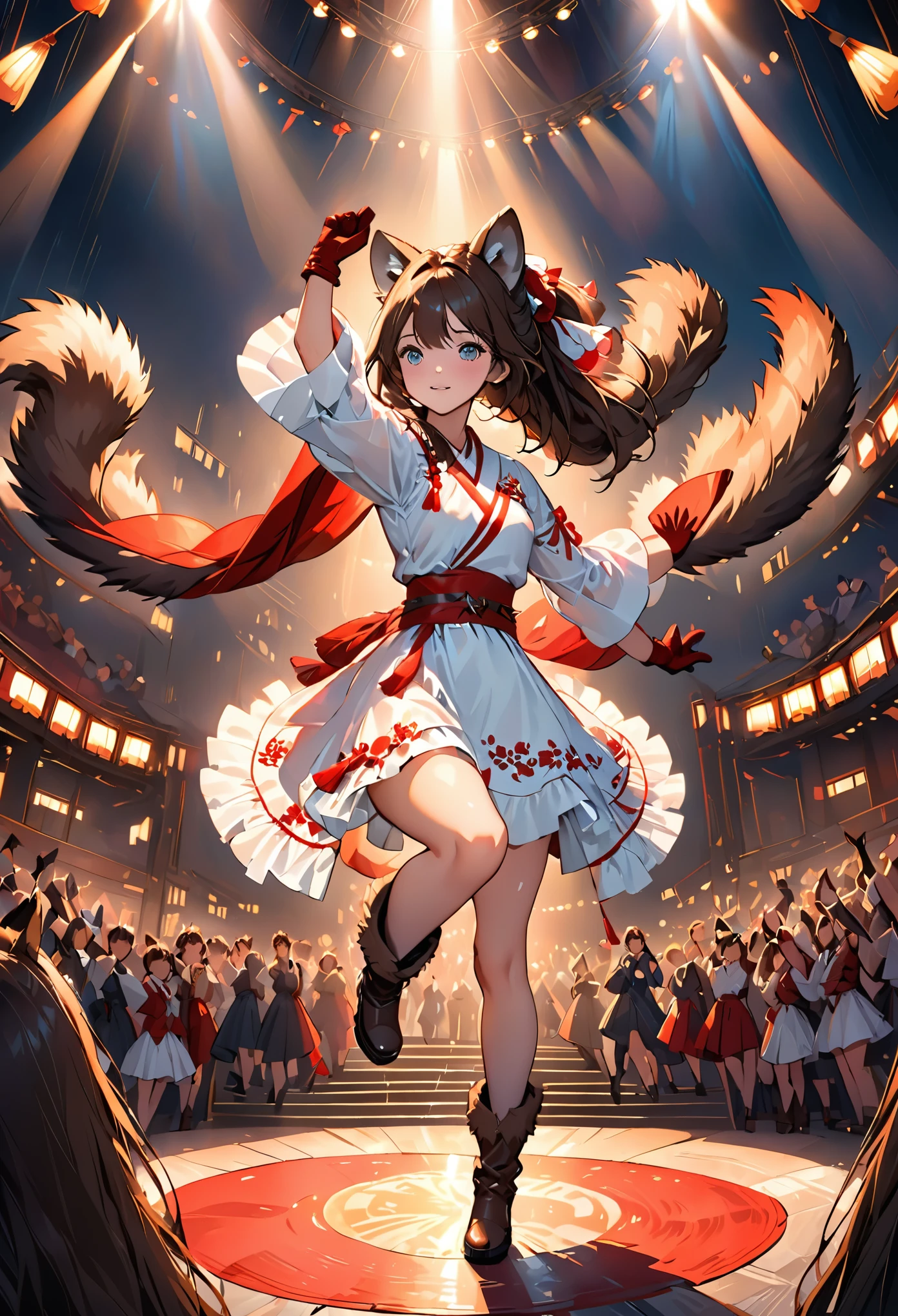 raff, raccoon ears, raccoon girl, Animal ears, long hair, brown hair, raccoon Tail, Tail, Gloves, brown Gloves, belt, boots, Raise your legs high, Absolute opportunity, red belt, masterpiece, best quality, alone, movie lighting, looking at the audience, whole body