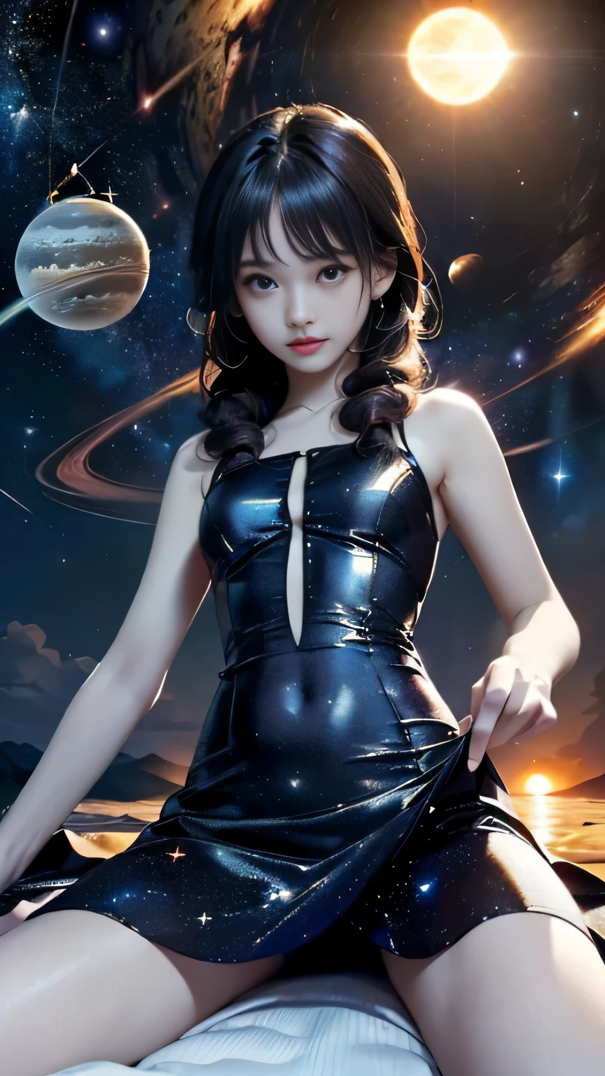 (((Masterpiece))),((top quality)),one beautiful girl,Pale, (A character who personifies the universe: 1.5), (((hair is a star:1.5)))、(planet dress:1.5)))、(belly button)、(sun:1.5),(plain clothes), (skin revealing),(The background is the night sky 1.5).(((from the front:1.5)))、(straight front: 1.5)、(((lie down:1.5)))、