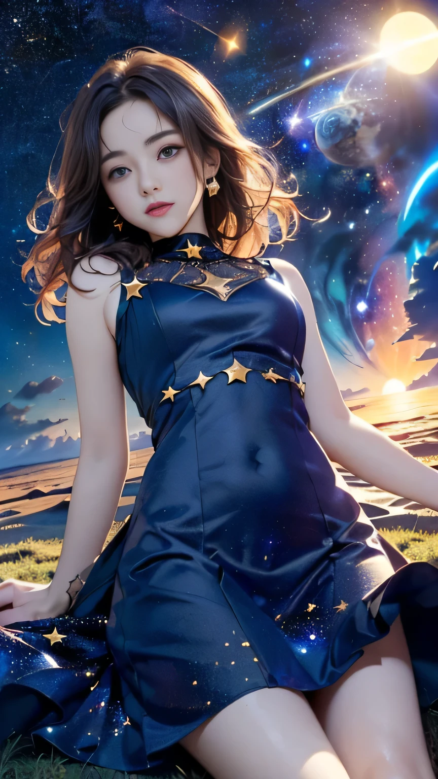 (((Masterpiece))),((top quality)),one beautiful girl,Pale, (A character who personifies the universe: 1.5), (((hair is a star:1.5)))、(planet dress:1.5)))、(belly button)、(sun:1.5),(plain clothes), (skin revealing),(The background is the night sky 1.5).(((from the front:1.5)))、(straight front: 1.5)、(((lie down:1.5)))、