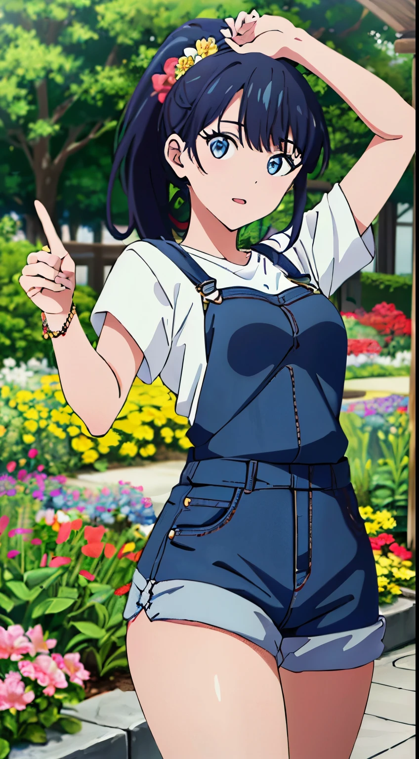 masterpiece, highest quality, High resolution,takarada rikka,anime,1 girl, black hair,blue eyes,(overalls,ponytail,hat,flower garden,),stylish pose,looking at the viewer,in the center of the image, (lively_color:1.2) (beautiful_medium breasts:1.3), (beautiful_face:1.4),(slim_waist),(beautiful_thighs:1.1),
