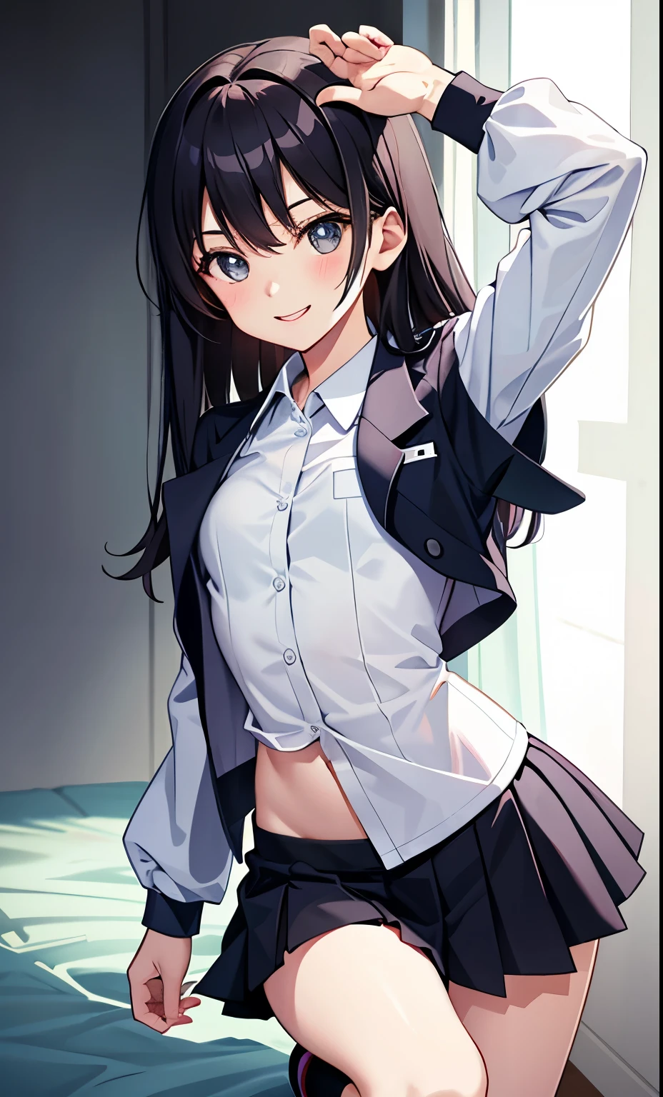girl、smile、shirt、skirt、uniform、(small breasts)、flat chest、cute crotch、movement、(small breasts)、、