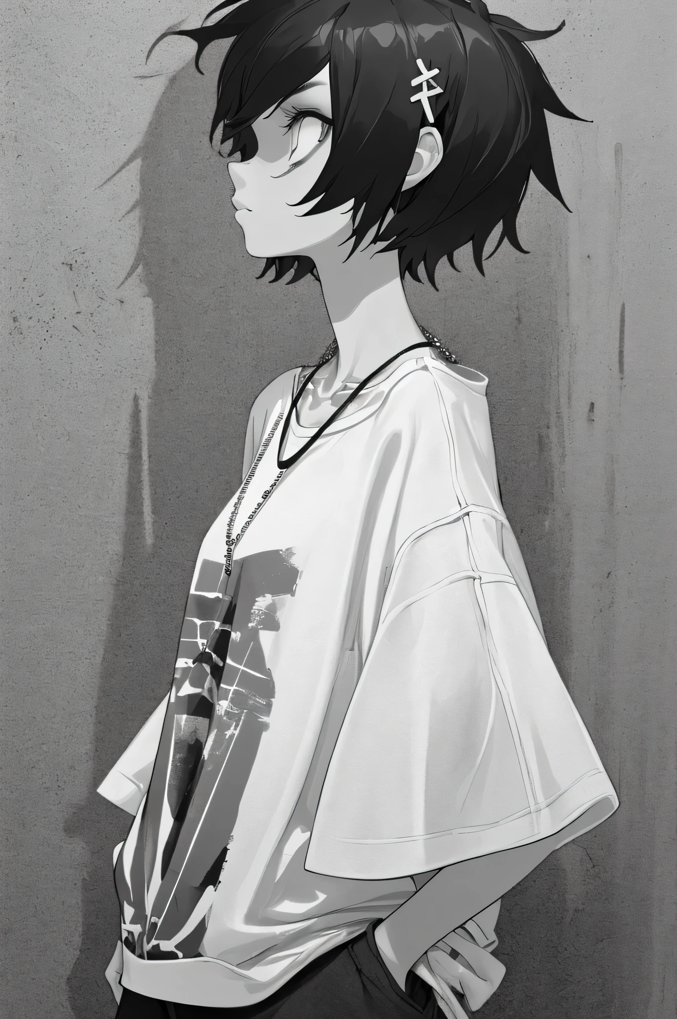 girl, profile, black and white, messy short hair, edgy accessories,sporty style, Casual T-shirt, confident gaze, Monochrome color scheme, looking to the side, chic street fashion, casual pose with hands in pockets,simple necklace
