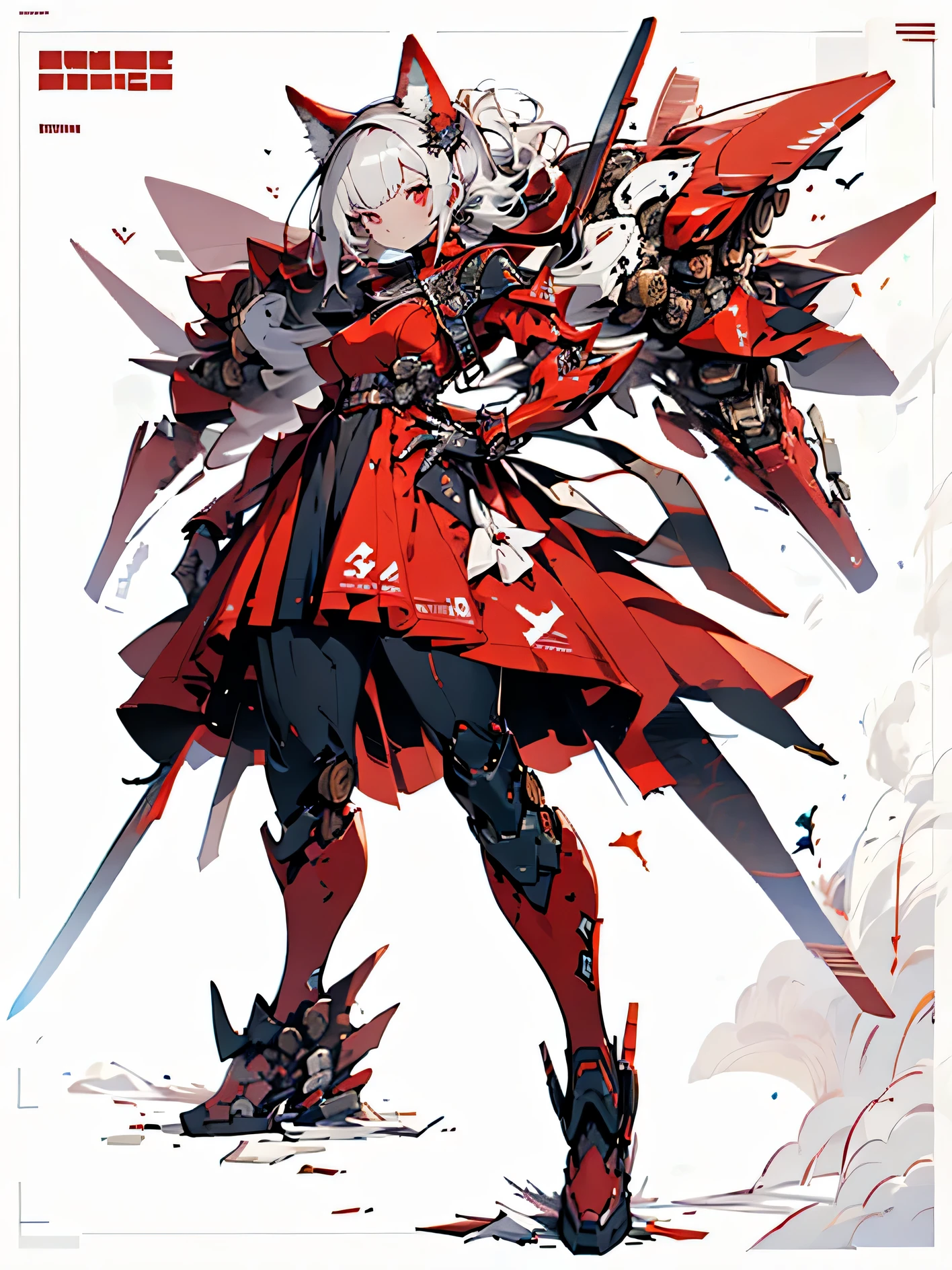 A picture wearing a red dress、Drawing of woman holding sword, from Arknights, Kushat Garland, Kushat Garland key art feminine, red armor, Mechanized Valkyrie, Kushat Kenzi, anime mecha armor, lady in red armor, Red heavy armor, black and red armor, official character art, Monochrome and red bleeds