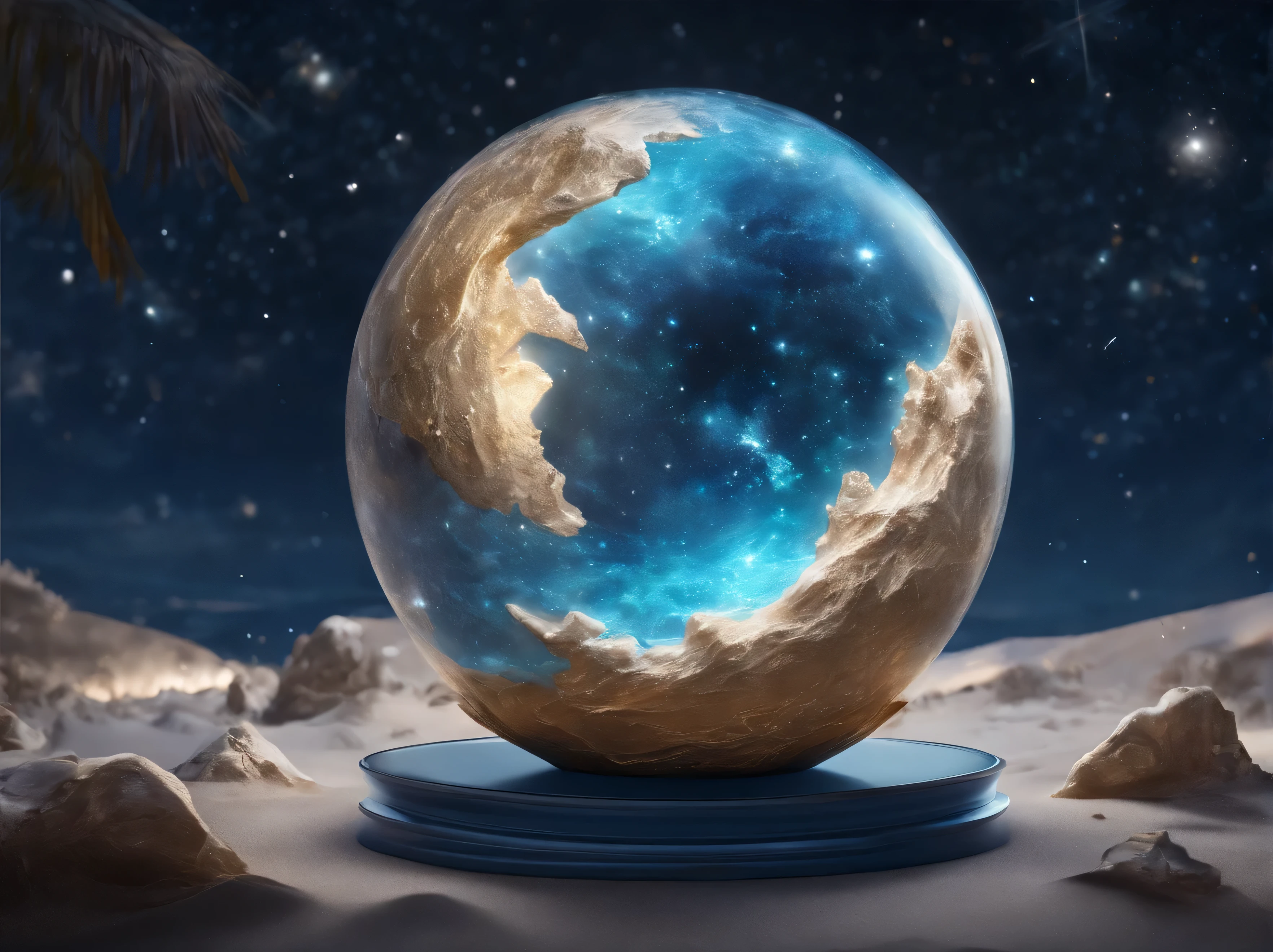 Huge planet, night, starry sky, Surrealism, on the table, high resolution、Impressive galaxy:1.9、beach、blue sea、floating ice、lightning:1.9、snow mountain everest