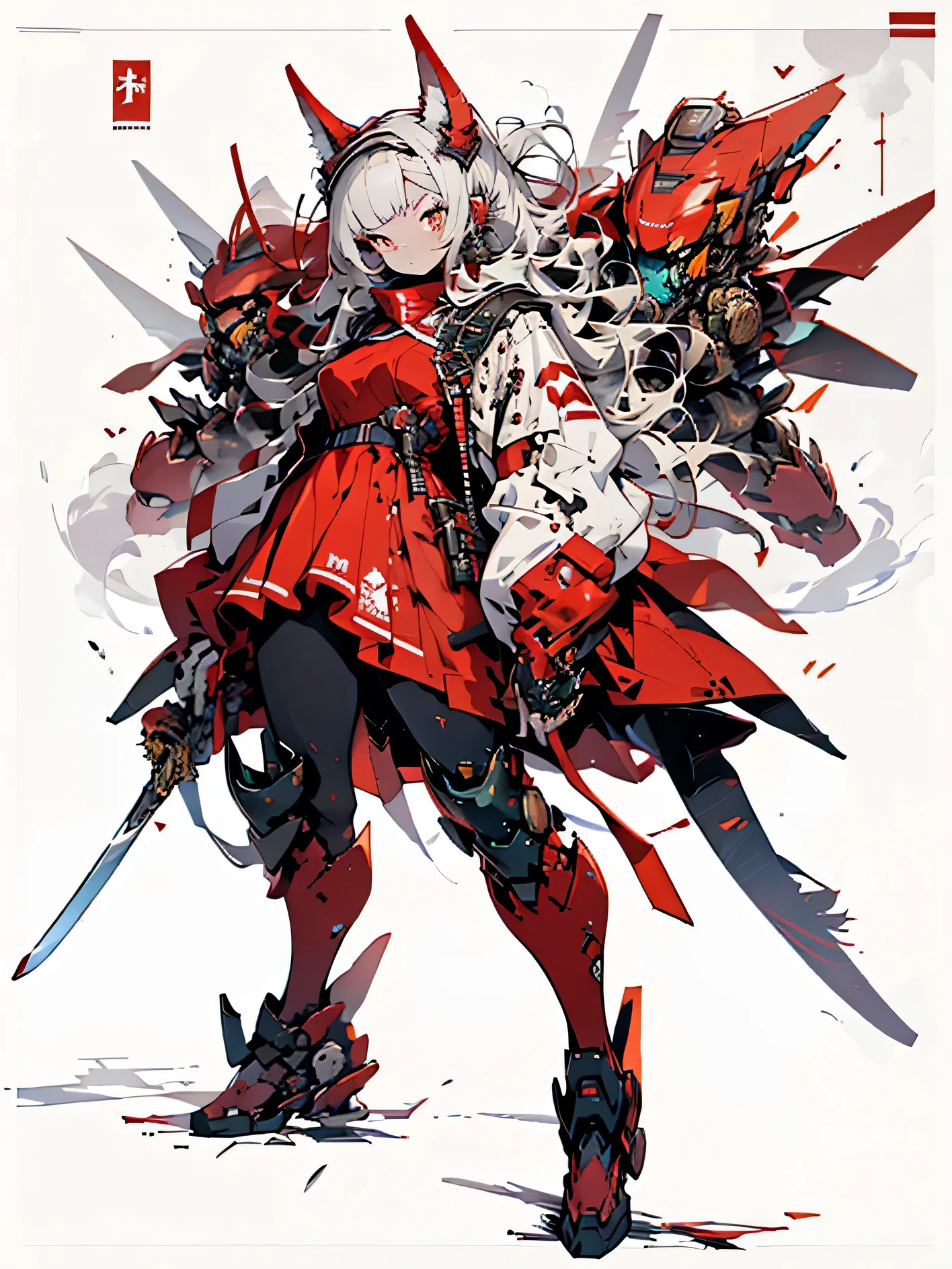 A picture wearing a red dress、Drawing of woman holding sword, from Arknights, Kushat Garland, Kushat Garland key art feminine, red armor, Mechanized Valkyrie, Kushat Kenzi, anime mecha armor, lady in red armor, Red heavy armor, black and red armor, official character art, Monochrome and red bleeds