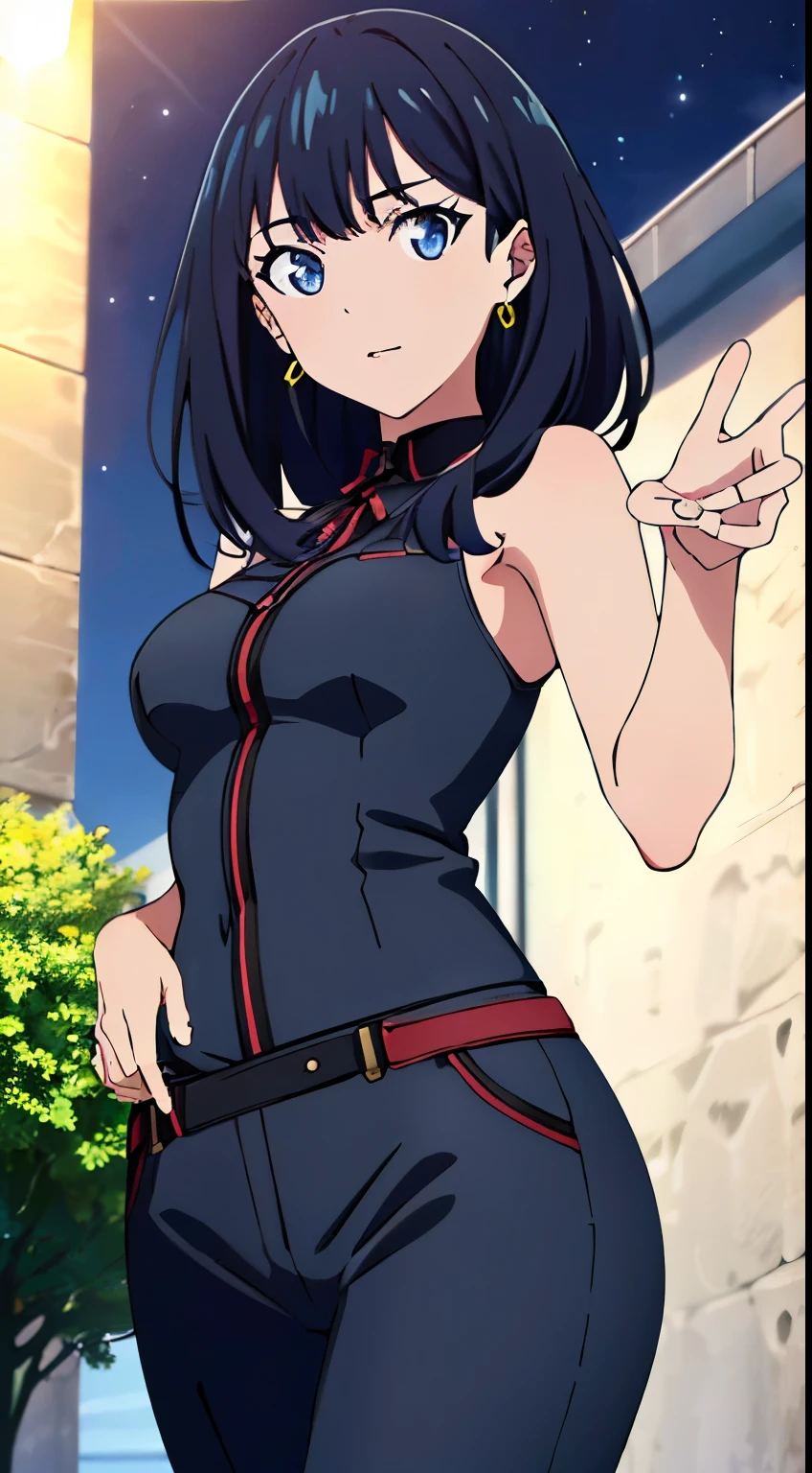 masterpiece, highest quality, High resolution,takarada rikka,anime,1 girl, black hair,blue eyes,(ladies suits,earrings,Grassin,night),stylish pose,looking at the viewer,in the center of the image, (lively_color:1.2) (beautiful_medium breasts:1.3), (beautiful_face:1.4),(slim_waist),(beautiful_thighs:1.1),