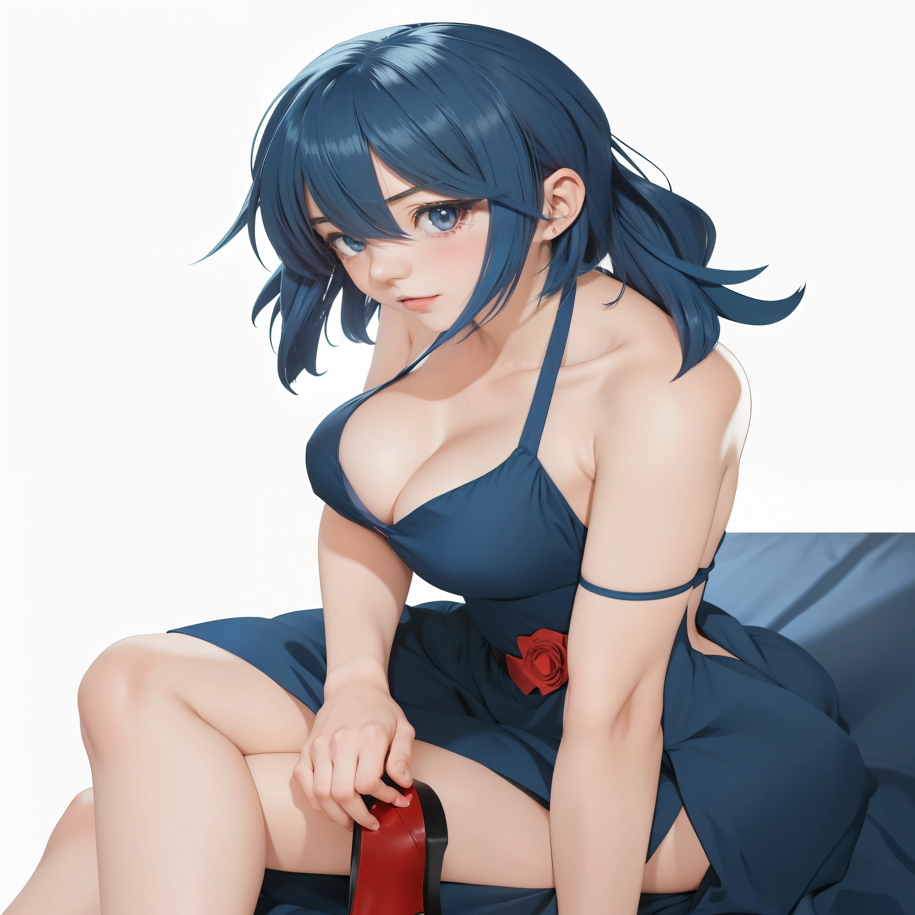 anime girl in a blue dress sitting on a bed with a red shoe, seductive anime girl, gapmoe yandere, anime moe artstyle, attractive matoi ryuko, in dress, yandere, fubuki, beautiful alluring anime woman, attractive anime girl, short blue haired woman, sexy gaze, yandere. tall, (anime girl)