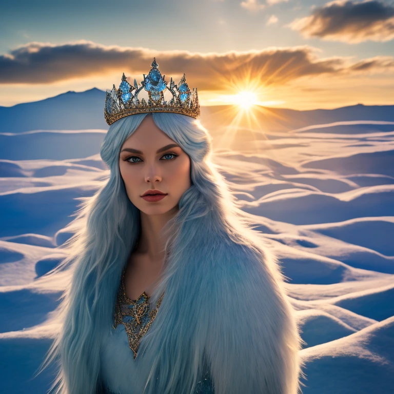 realistic photograph of an ice queen in a kingdom with the sun in the background, high definition, rich in details, UHD