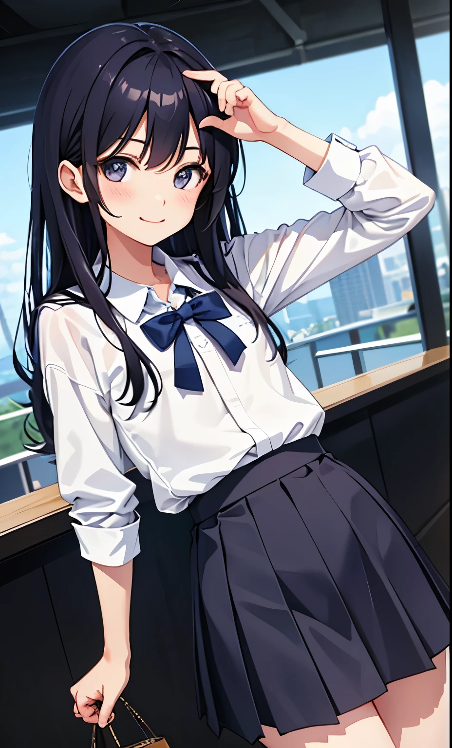 girl、smile、shirt、skirt、uniform、(small breasts)、flat chest、cute crotch、movement、(small breasts)、18-year-old、