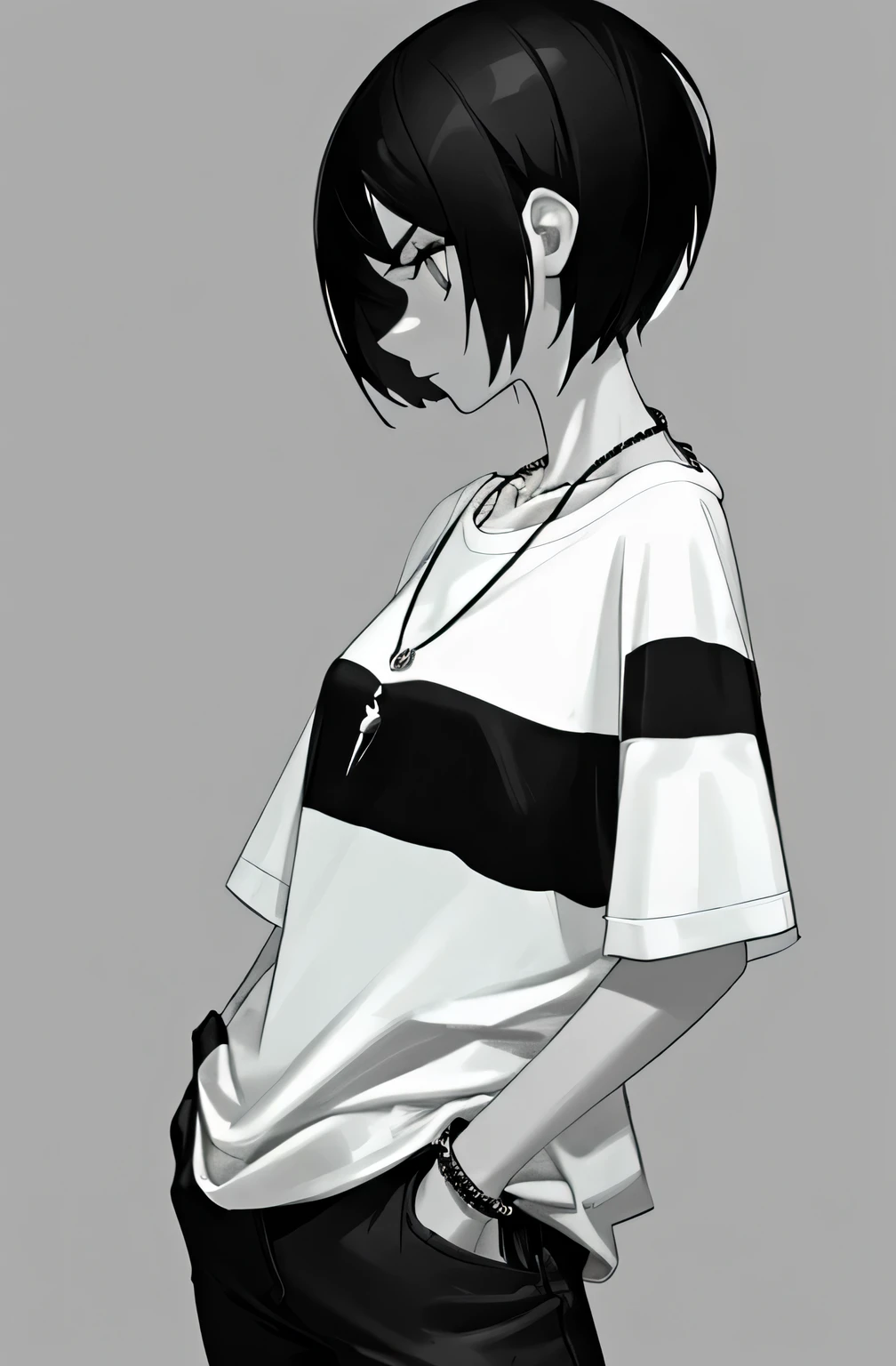 girl, profile, black and white, short hair, edgy accessories,sporty style, Casual T-shirt, confident gaze, Monochrome color scheme, looking to the side, chic street fashion, casual pose with hands in pockets,head,simple necklace