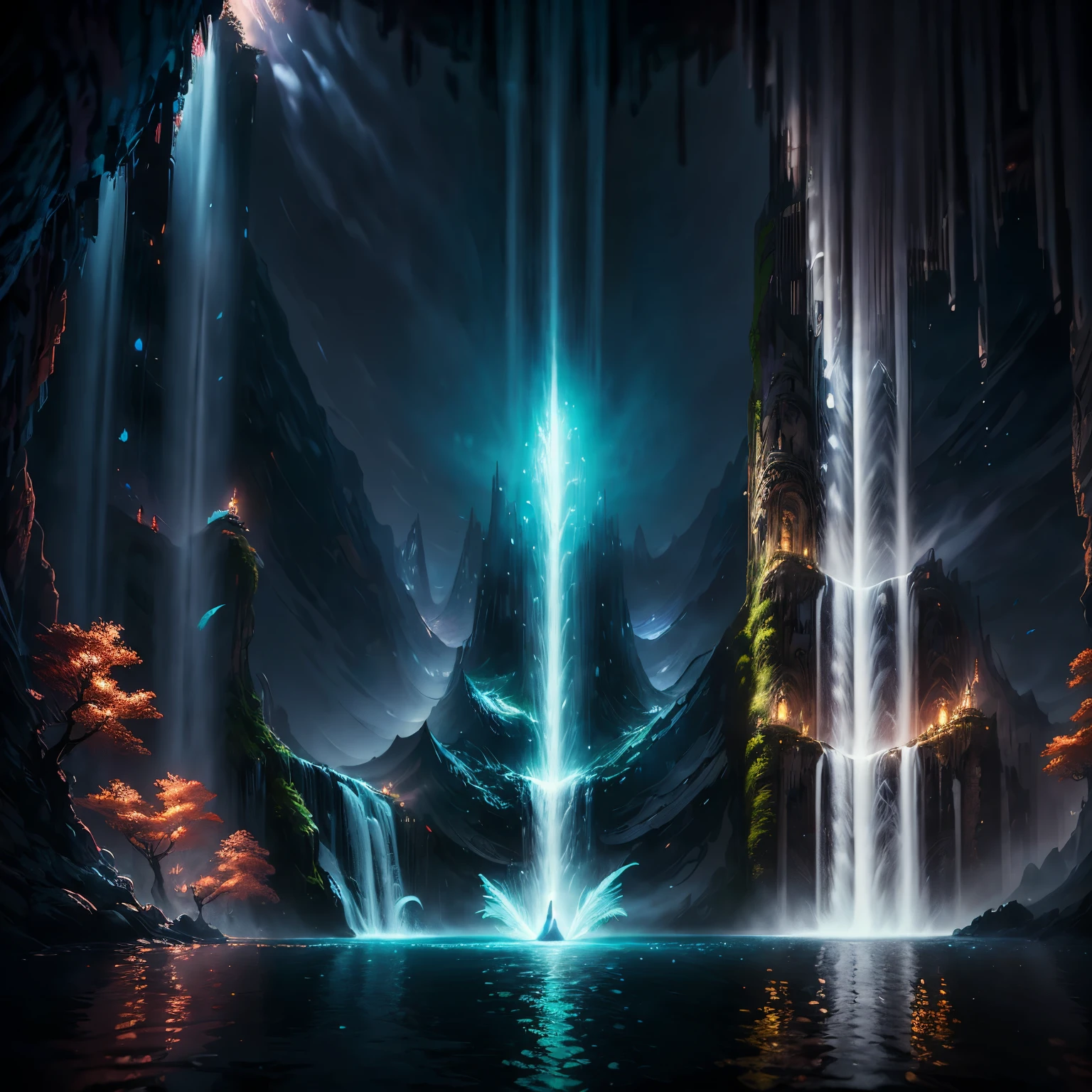 In an absurd world of enchanting imagination, a high-resolution painting comes to life, depicting three girls, each with oversized, captivating eyes, standing atop a sprawling cityscape. The concrete jungle below is bathed in the soft glow of water effects and lighting effects, creating an ethereal aura. Feathers of various colors flutter around them, adding a sense of whimsy and playfulness to the scene.
However, the serene moment is disrupted by the intrusion of an unlikely element - Bukakke, a peculiar waterfall that defies the laws of physics. The water cascades upwards, forming an enchanting spectacle of water