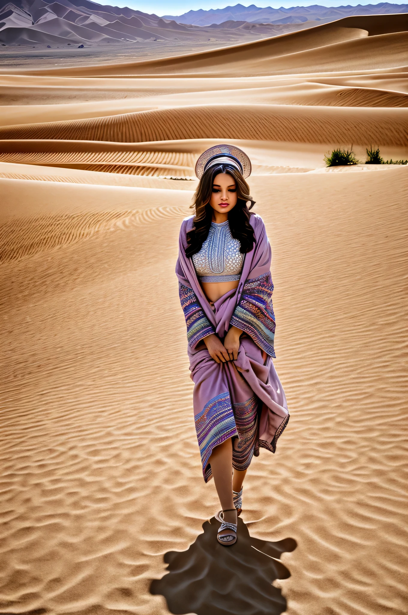 long shot scenic professional photograph of (art by Deborah Azzopardi) pretty woman,  jewelry, Moroccan Caftan,  TazerzitXL, isni, headdress, moroccan pattern background., perfect viewpoint, highly detailed, wide-angle lens, hyper realistic, with dramatic sky, polarizing filter, natural lighting, vivid colors, everything in sharp focus, HDR, UHD, K