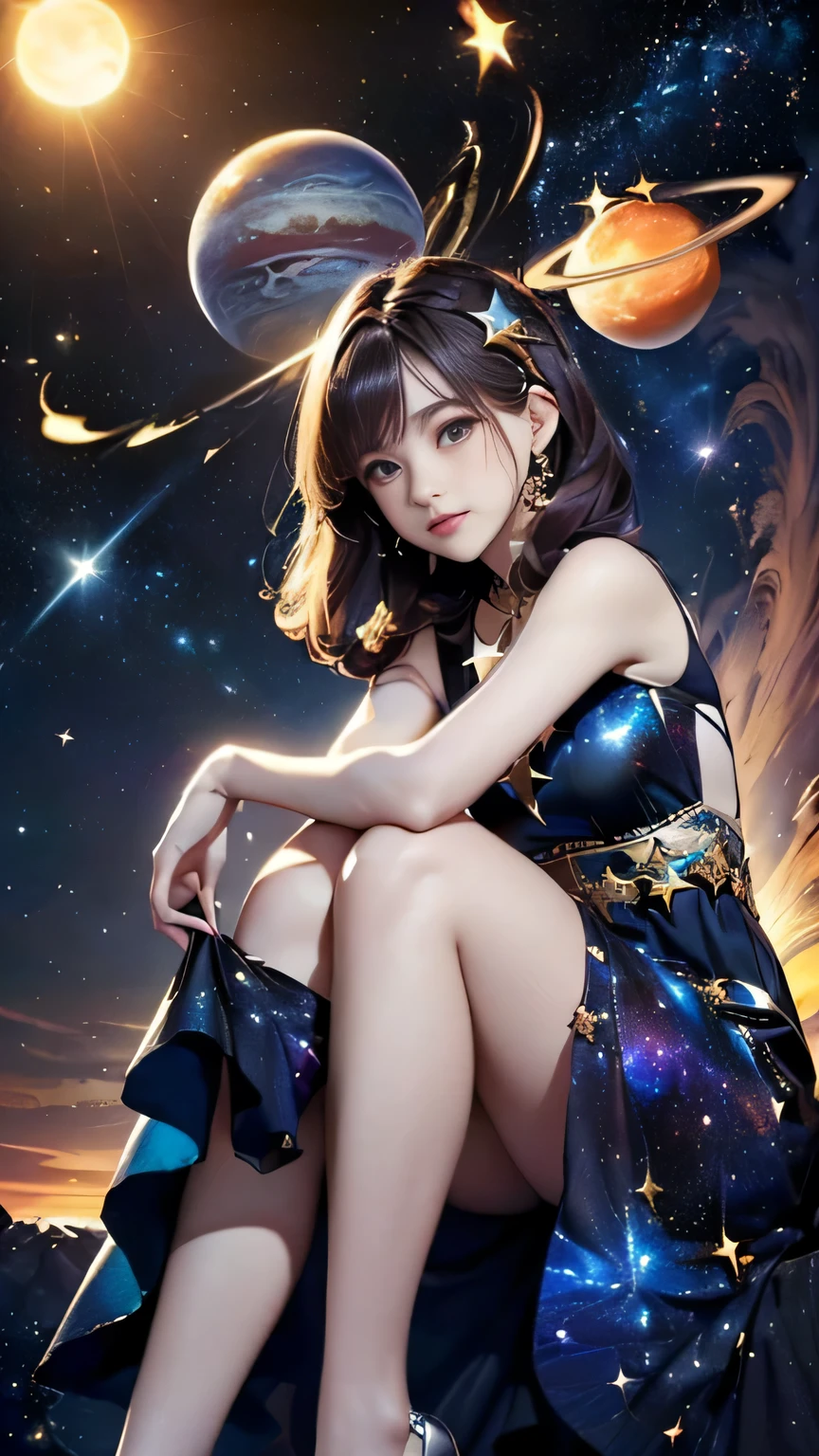 (((Masterpiece))),((top quality)),one beautiful girl,Pale, (A character who personifies the universe: 1.5), (((hair is a star:1.5)))、(planet dress:1.5)))、(belly button)、(sun:1.5),(plain clothes), (skin revealing),(The background is the night sky 1.5).(((from the front:1.5)))、(straight front: 1.5)、(((hold one&#39;s knees:1.5)))、