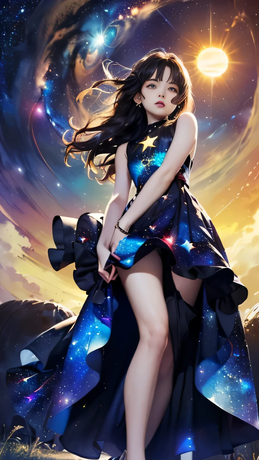 (((Masterpiece))),((top quality)),one beautiful girl,Pale, (A character who personifies the universe: 1.5), (((hair is a star:1.5)))、(planet dress:1.5)))、(belly button)、(sun:1.5),(plain clothes), (skin revealing),(The background is the night sky 1.5).(((from the front:1.5)))、(straight front: 1.5)、(((hold one&#39;s knees:1.5)))、