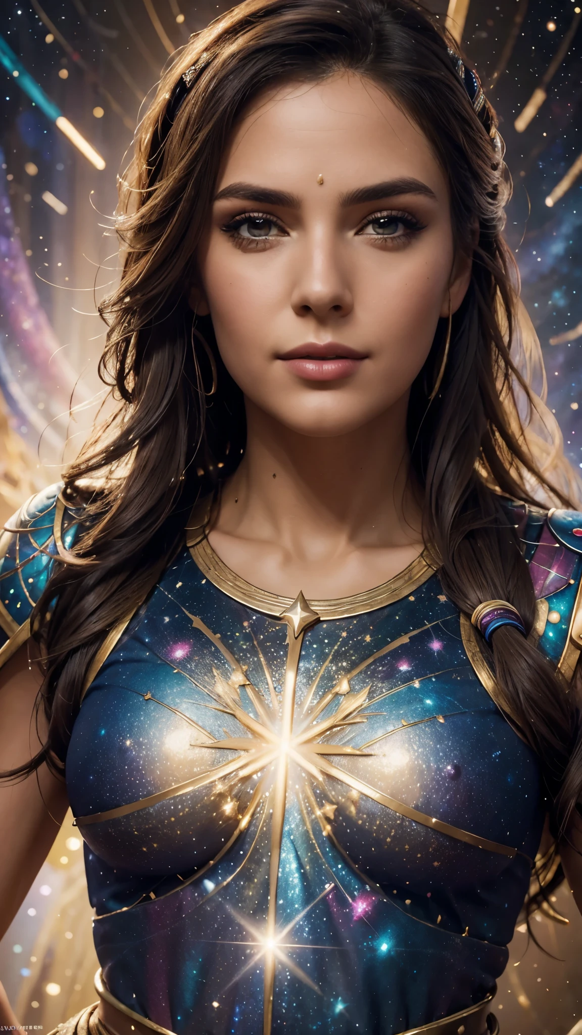 High detail, super detail, super high resolution, Kassandra, enjoying her time in the dream galaxy, surrounded by stars, warm light sprinkled on her, full body, background is starry sky with colorful galaxies and galaxy clouds, stars flying around her, delicate face, playful atmosphere,