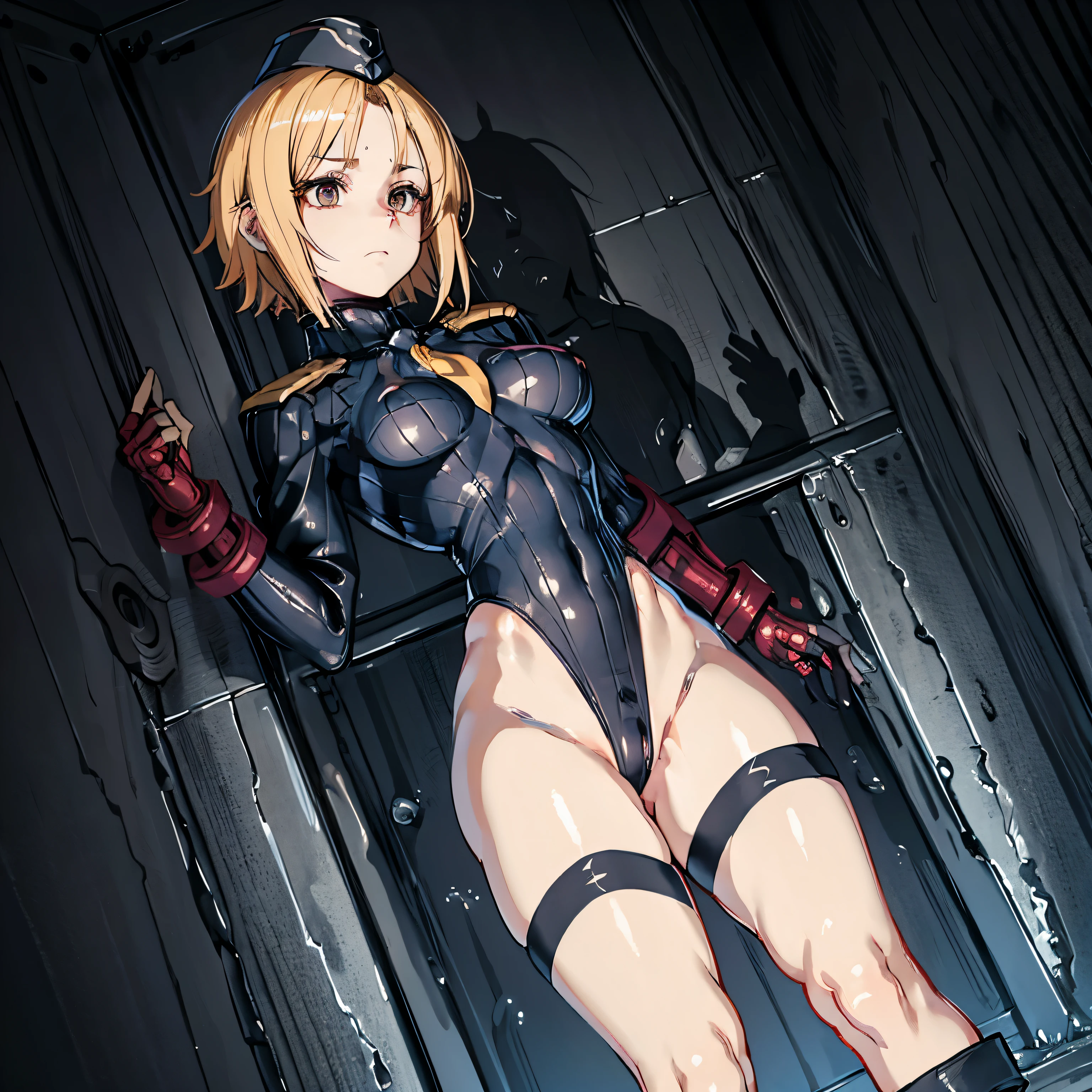 ultra-detailed, Explicit, Beautiful body, Beautiful Nose, Beautiful character design, perfect eyes, perfect face, ultra highres, 4K, beautiful legs, perfect legs, Nice hands, Perfect hand, Masterpiece, Best Quality, Highly detailed, illustration, absurdres, perfect anatomy, street fighter, doll suit, shadaloo doll, dollsuit, expressionless, blank eyes, looking at viewer, red gloves, emotionless, black latex, corruption, mind control, female combatant, full body, hypnotized, unhappy trance, full body suit, ribbed bodysuit, both arms at side, obey, perfect female body, extremely glossy latex, hypnosis, hypnoLora, empty eyes, Mind control device, poses, submissive_pose, Slave, standing straight, standing, standing at attention, hat, necktie, belt, latex, ribbed bodysuit, thigh Highs, garter belt, Fighting Stance, extending the right arm from the shoulder into the air with a straightened hand, military, thigh boots, black pantyhose, (((pixel-perfect, detail-perfect))), solo, 1girl, hair ornaments, short hair, blonde hair, golden eyes, MP40, Girls' Frontline, medium breast