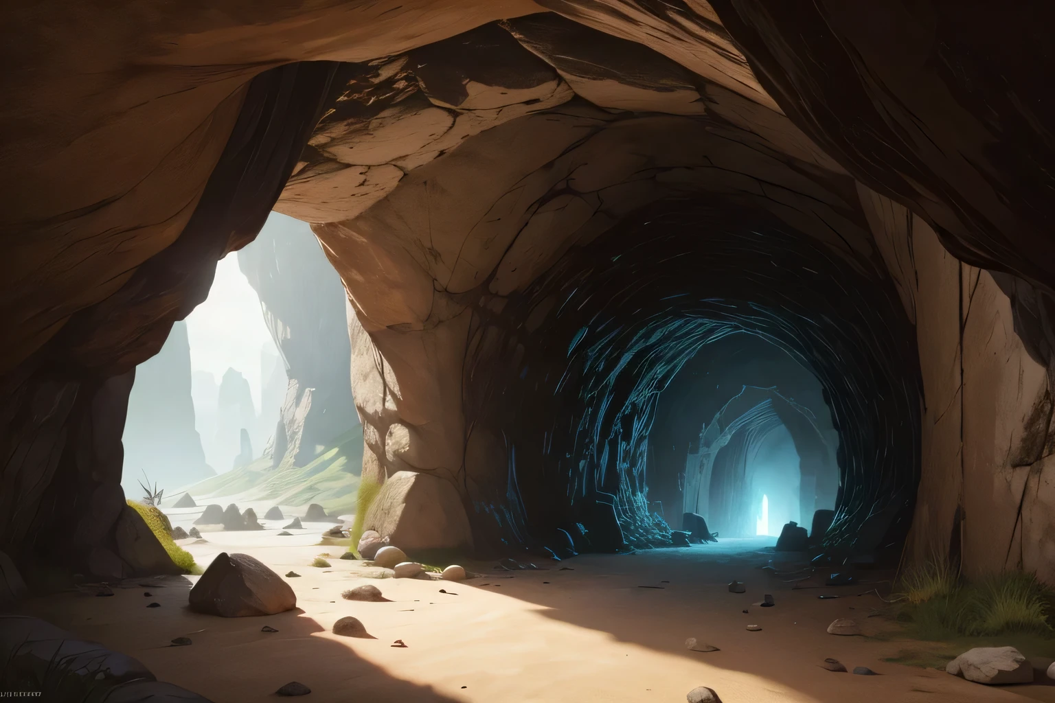 Protective barrier encloses a large cave, fantasy medieval RPG