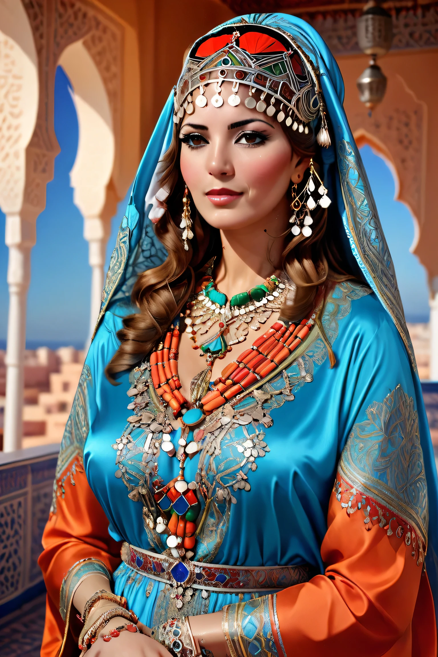 long shot scenic professional photograph of (art by Deborah Azzopardi) pretty woman,  jewelry, Moroccan Caftan,  TazerzitXL, isni, headdress, moroccan pattern background., perfect viewpoint, highly detailed, wide-angle lens, hyper realistic, with dramatic sky, polarizing filter, natural lighting, vivid colors, everything in sharp focus, HDR, UHD, K
