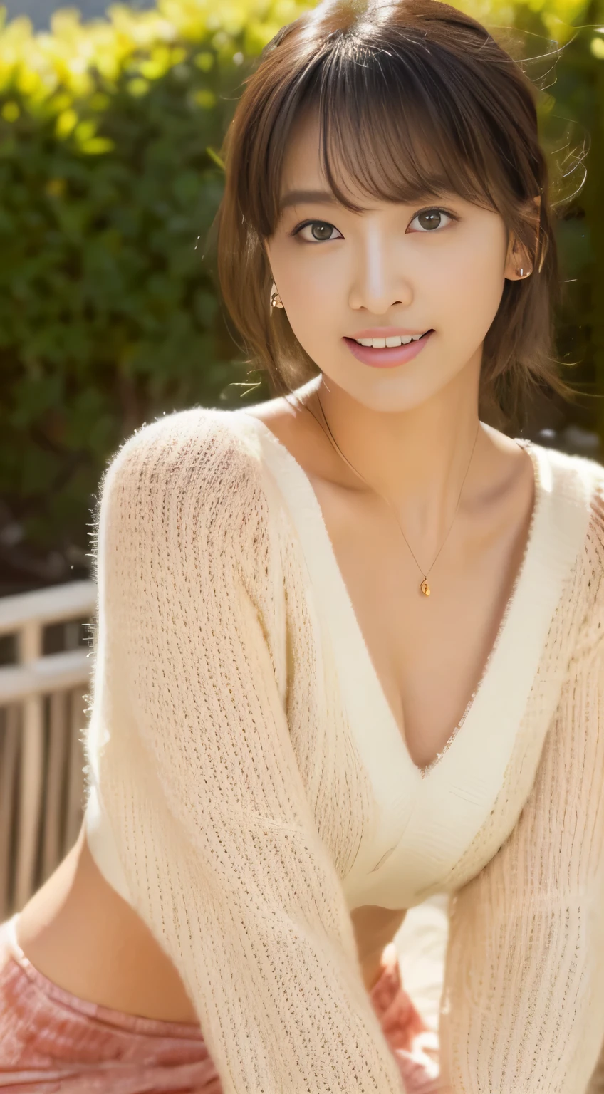 (8K, Raw photo, highest quality, masterpiece:1.5), Super detailed, ultra high resolution, 8k wallpaper, huge file size, (realistic, realistic Photo:1.37), very knowledgeable beautiful girl, highly detailed face, very fine eyes, Very fine skin, very thin fingers, very small nose, highly detailed mouth, highly detailed background, highly detailed costume, perfect anatomy, Anatomically perfect hands, (whole body from thighs:1.5), (1 person), 20 year old female, beautiful japanese face, (young face), (perfect body:1.1), pure erotic face, slender body, slender body shape, The beauty of slim abs, thin waist, High-definition skin quality, Fair skin, glowing skin, ruddy skin, long and thin legs, light brown delicate soft hair, cute feminine hairstyle, layer cut, (dull bangs:1.2), natural smile, beautiful teeth, beautiful small face, realistic face, beautiful actress'natural makeup, double eyelid, beautiful thin eyebrows, fine long eyelashes, charming brown eyes, Plump and glossy pink lips, My cheeks turned red, necklace, earrings, beautiful and detailed eyes, well-shaped small breasts, Cute little pink areolas, plump ass, stare at the viewer with a greedy expression, dynamic lighting,
((she、she is、She is wearing a cream-colored sweater made of Latin fabric with a wide open neckline.。.。., No bra under the sweater, I can see through it)),
Large garden at a luxury resort, (white room), blur the background,
((Standing in a beautiful posture on a wide meadow, spread your legs, Touching your own with your hands)),
Please tilt your head slightly, perspective from above,
The bright morning light illuminates the area,