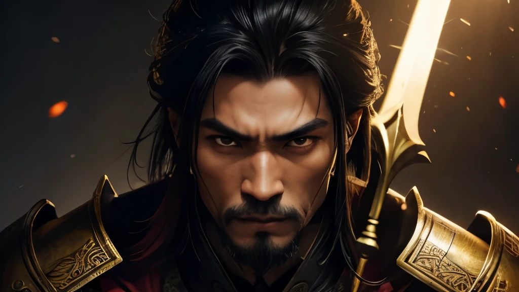 Erlang Shen, Chinese warrior with ancient gold armor that bears the scars of battles, and eyes that hold untold stories of heroism and loss. Portrait radiates a sense of timeless strength and resilience, mature not old. Right hand holding triple-pointed double-bladed trident as weapon, black warrior dog beside with fierce looking teeth without showing tongue. Shinning 3rd eye shining with divine light the forehead