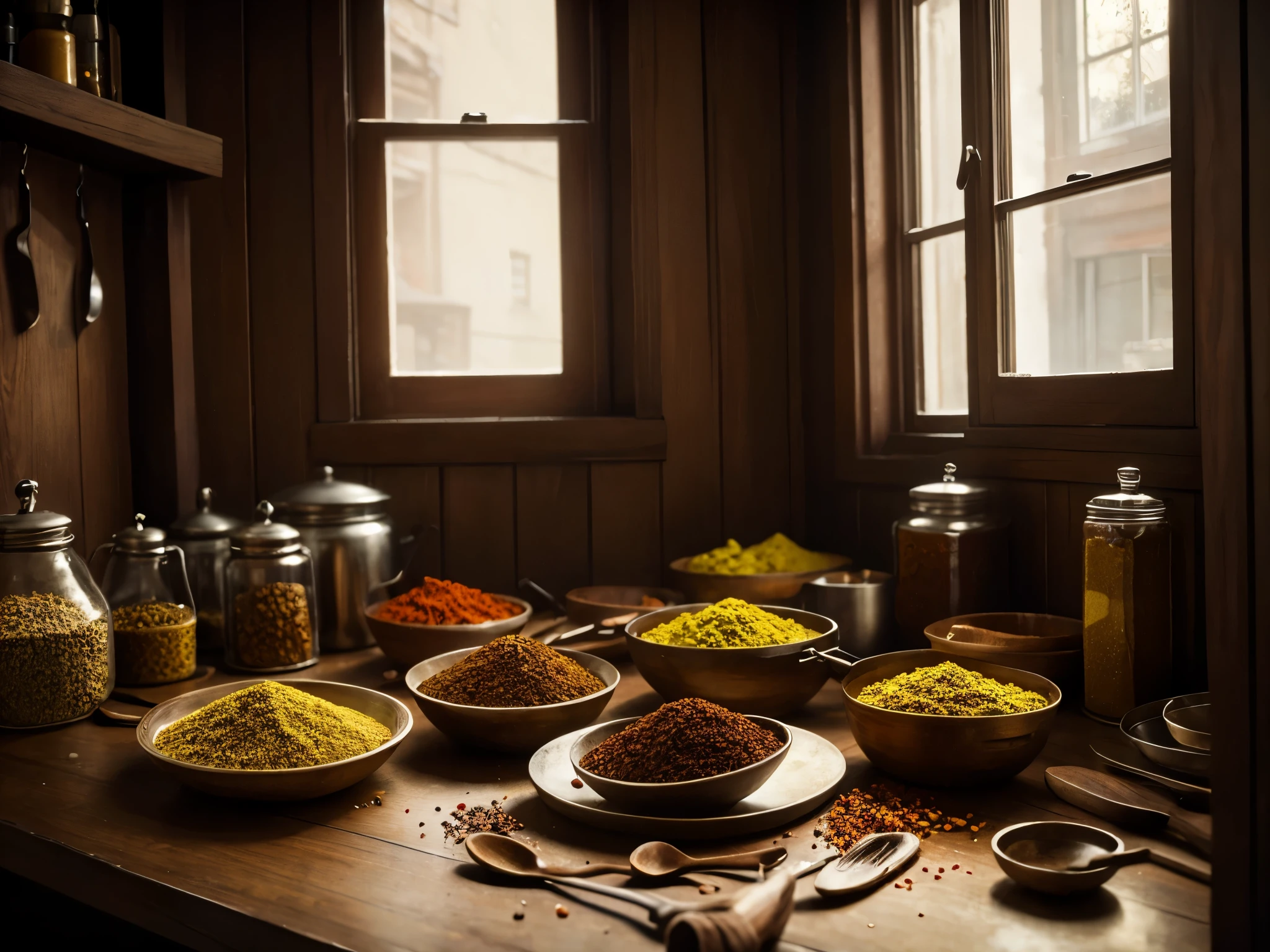 indian spices, butter in a kitchen, still life, on the plate, in a jar, beautiful natural light, art+commerce, classic composition (timothy hogan), desaturated colors (saul leiter), old vintage look