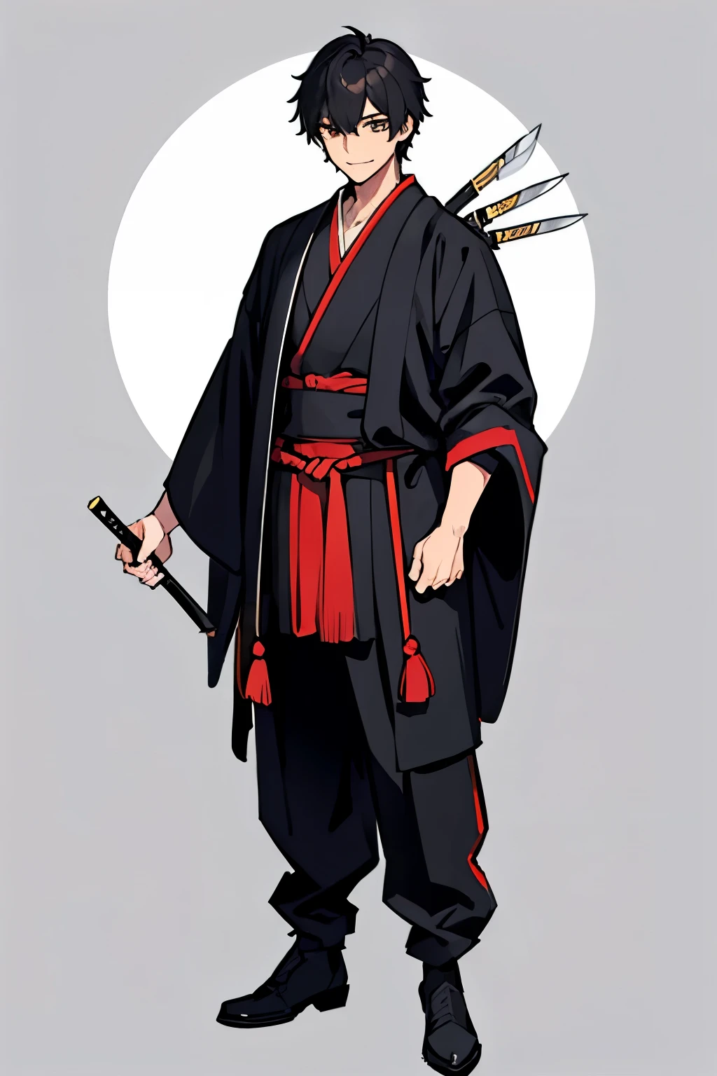 full body、male、samurai、simple background、looking at the viewer、facing forward、Handsome guy、knife、black hair、white background、smile、delicate face、