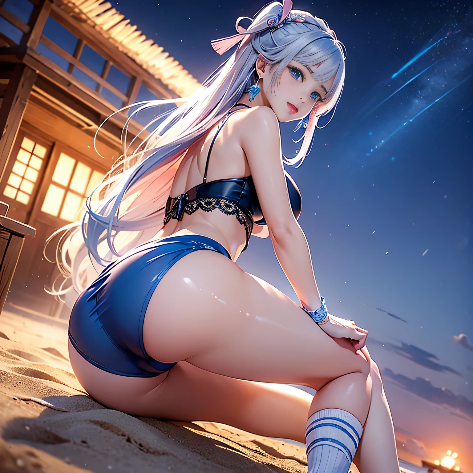 ((Kamisato Ayaka in Genshin Impact)),((showing beautiful butts,beautiful elegant panties)), Butts toward the viewer,(Looking back, butts focus, Lying on the sand on all fours),(beautiful elegant panties), ((topless, beautiful medium , pink nipples)), (sweating), gleaming skin,Embarrassed,Vulgar,low angle,from below, 1girl,((showing beautiful butts,beautiful elegant panties)), ((masterpiece:1.4, best quality)), ((masterpiece, highest resolution)), (beautiful illustration),(semi long beautiful silver blue hair), (beautiful blue eyes),beach, sand, night sky, waves, coconut tree,
cinematic lighting, white over-kneehighs,Lace chalker, diamond necklace,wristband, fingerless gloves, white over-kneehighs, Lace chalker, wristband, fingerless gloves,  earrings,