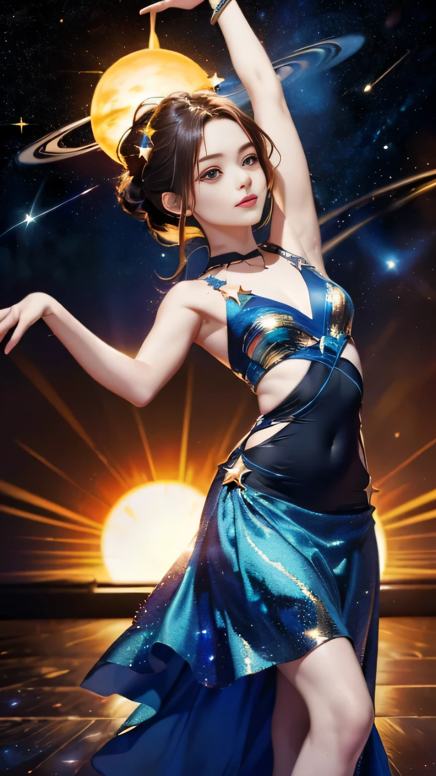 (((Masterpiece))),((top quality)),one beautiful girl,Pale, (A character who personifies the universe: 1.5), (((hair is a star:1.5)))、(planet dress:1.5)))、(belly button)、(sun:1.5),(plain clothes), (skin revealing),(The background is the night sky 1.5).(((from the front:1.5)))、(straight front: 1.5)、(((dance:1.5)))、