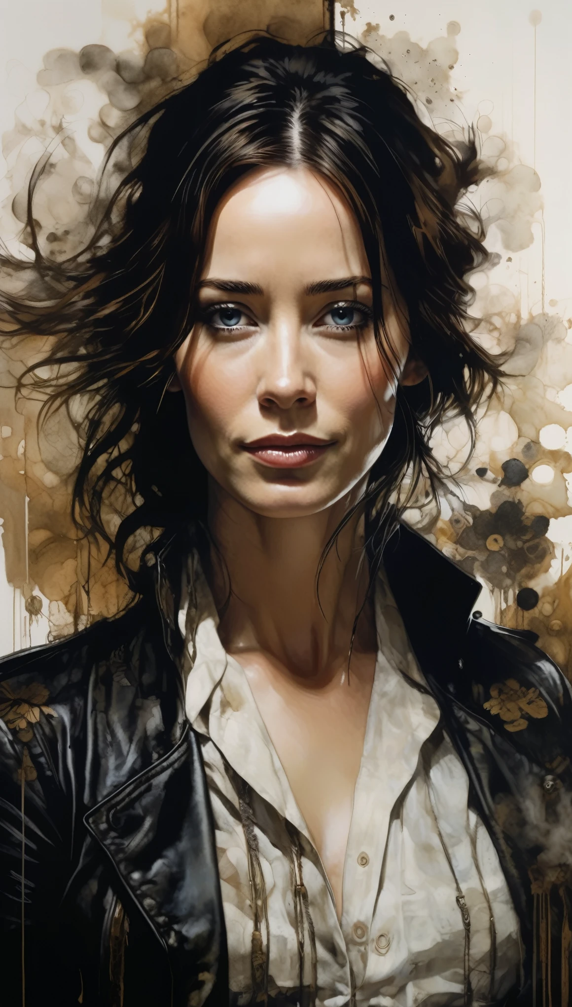 (Emily blunt:Evangeline Lilly) is a beautiful charming pirate carved out of dark smoke, dressed as a pirate in black, circular colored smoke, waves of shadows at night, abstract skull ornaments, soft colors, flat 4d street art in the style of adrian ghenie, esao andrews, jenny saville , edward hopper, surrealism, james jean dark, takato yamamoto, inkpunk minimalism, , detailed symmetrical brown eyes with circular iris, seamless geometric pattern harmony, luminogram, iron gall ink, art by Russ Mills, Sakimichan,, by GIlSam -paio octane rendering depicting innovation and truth, 8k, by Lee Jeffries, depth - Gs studio