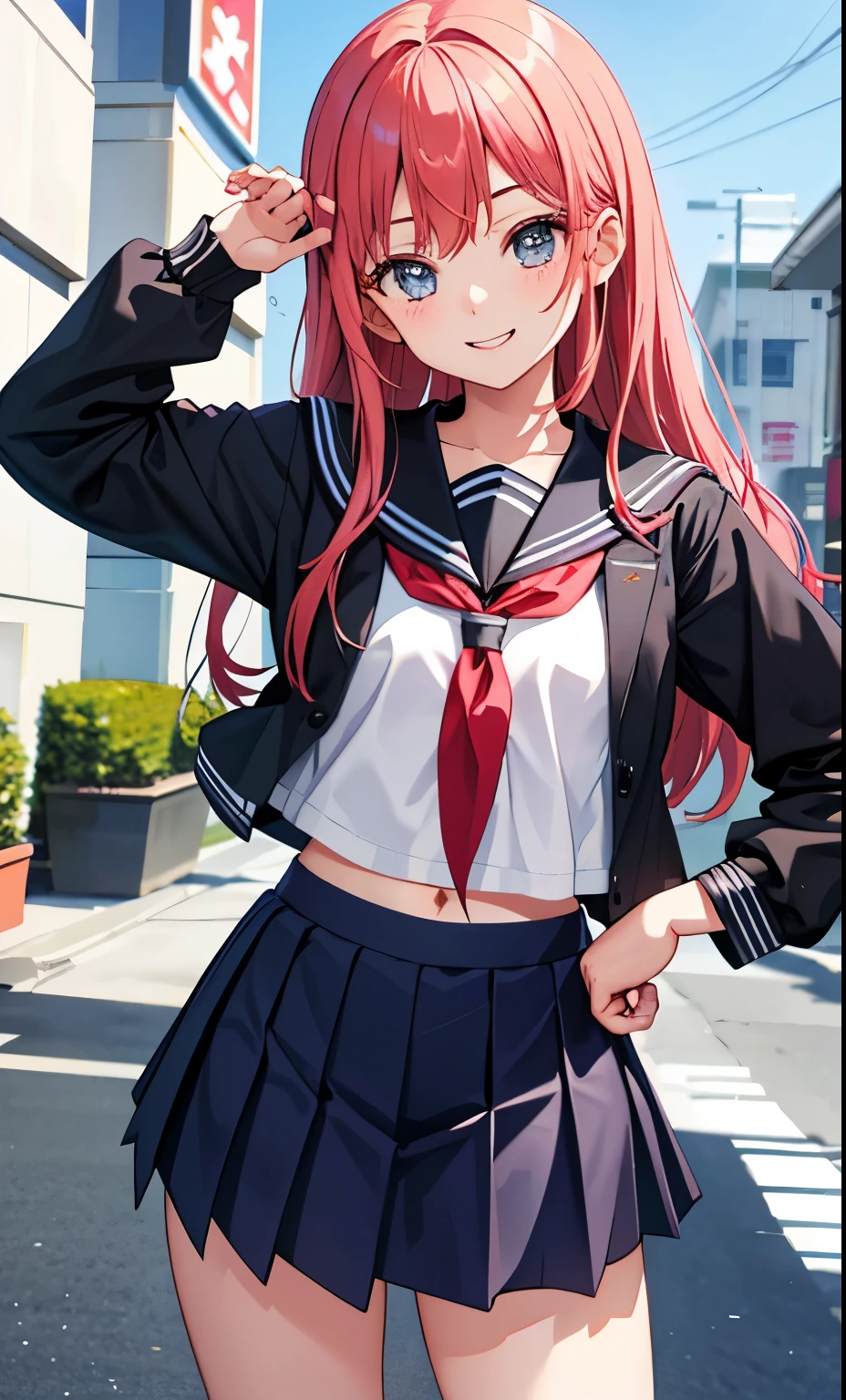 girl、smile、shirt、skirt、college uniform、Serafuku、（small breasts）、flat chest、cute crotch、movement、（small breasts）、18-year-old、