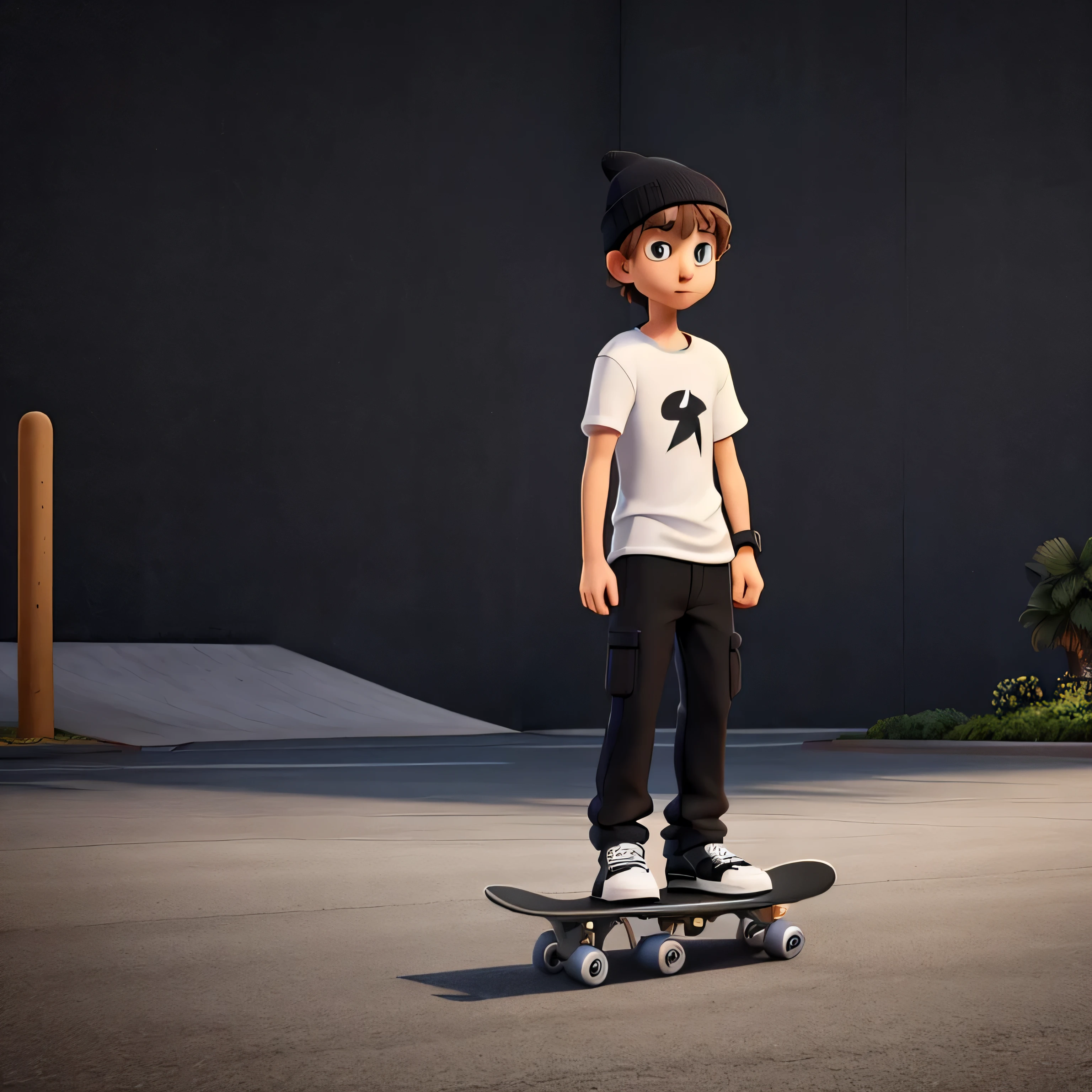 a guy wearing plain white t-shirt, has a black skate board. wearing black baggy pants, black beanie, and black shoes. he is in the skatepark riding a skateboard. around 6pm with lighting.