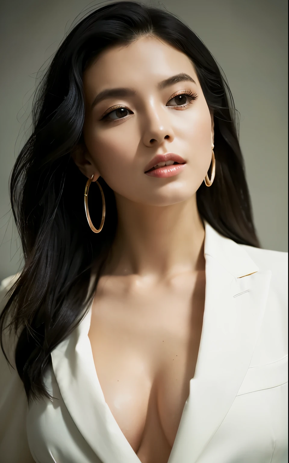 masterpiece, highest quality, alone, 1 girl, glowing skin, hoop earrings, glamorous, quirky details, slicked hair, attractive,blue shirt,suit pants, shallow depth of field, contrasting,professional model, facing the front, portrait , black hair, big breasts, beautiful clavicle, clear eyes, long hair, layer cut, asian beauty, home employment