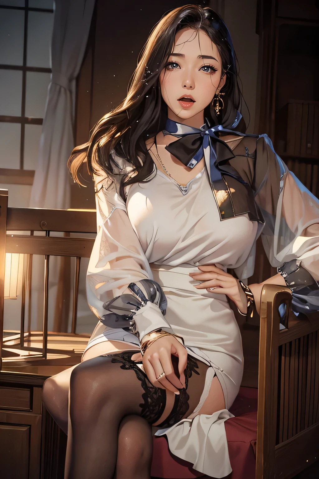 around 20 years old, (gracefully proportioned body shape), (high heels), (bob hair), (garter stockings with anklet), (spread legs), wince,(orgasm:1.5),awaiting tongue,(subtle and elegant light makeup), Delicate and beautiful fair skin, Detailed facial description with double beautiful eyes, gentle eyes that sparkle with youth and innocence, portraying the stunning beauty of a young, adorable Japanese woman, a beautiful portrait capturing her captivating charm and allure. (8K, top-quality, masterpiece: 1.2), (realistic and photorealistic: 1.37), (office att)