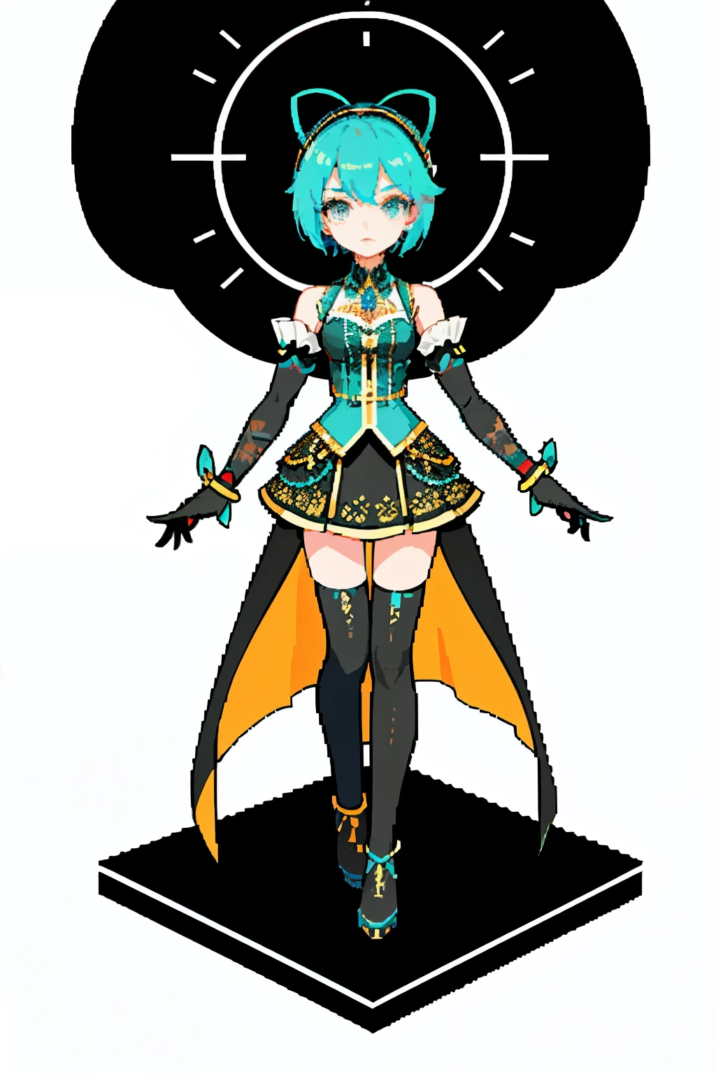 Hatsune Miku, the virtual idol, is famously known for her unique fashion sense. In this captivating image, she is donning an extraordinary outfit that mirrors her iconic style. This masterpiece showcases her wearing a one-of-a-kind Hatsune Miku fashion outfit.
From a close-up perspective, intricate details of the outfit come to life. Radial lines and colorful patterns dance across her wardrobe, drawing attention to the highest level of craftsmanship and creativity. Her sleek, short hair is styled in a detailed manner, complementing her fashionable accessory - a black eye glass.
The outfit itself is decorated with a vibrant background