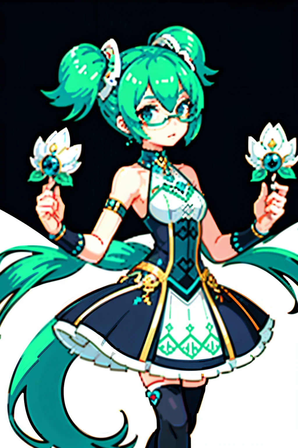 Hatsune Miku, the virtual idol, is famously known for her unique fashion sense. In this captivating image, she is donning an extraordinary outfit that mirrors her iconic style. This masterpiece showcases her wearing a one-of-a-kind Hatsune Miku fashion outfit.
From a close-up perspective, intricate details of the outfit come to life. Radial lines and colorful patterns dance across her wardrobe, drawing attention to the highest level of craftsmanship and creativity. Her sleek, short hair is styled in a detailed manner, complementing her fashionable accessory - a black eye glass.
The outfit itself is decorated with a vibrant background