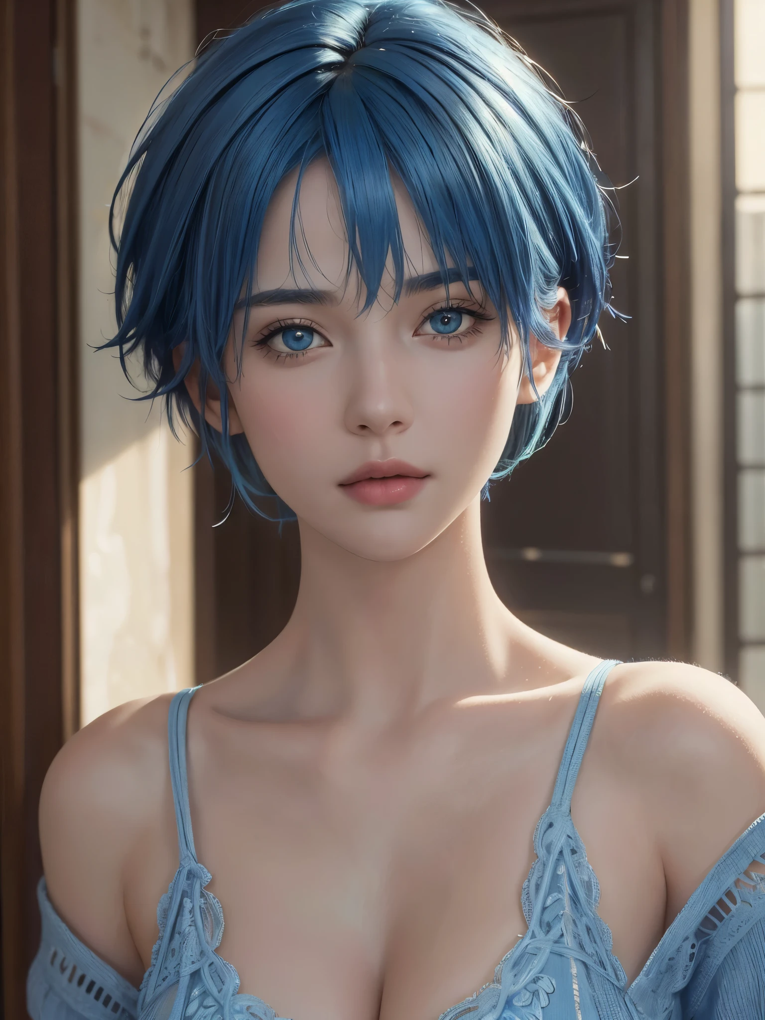 (masterpiece:1.3), (8k, photorealistic, RAW photo, best quality: 1.4), (1girl), beautiful face, (realistic face), (blue hair, short hair:1.3), cleavage，Nice hairstyle，photorealistic eye，Nice detail eyes，（Realistic skin），Beautiful skins，（Sweaters），absurd res，enticing，ultra high resolution，Ultra photo realsisim，The is very detailed，the golden ratio