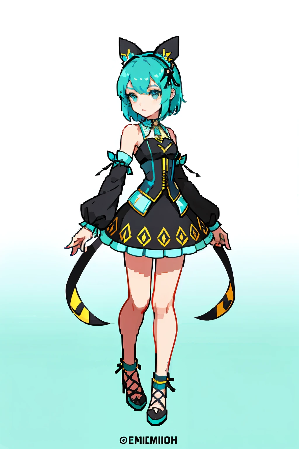 Hatsune Miku, the virtual idol, is famously known for her unique fashion sense. In this captivating image, she is donning an extraordinary outfit that mirrors her iconic style. This masterpiece showcases her wearing a one-of-a-kind Hatsune Miku fashion outfit.
From a close-up perspective, intricate details of the outfit come to life. Radial lines and colorful patterns dance across her wardrobe, drawing attention to the highest level of craftsmanship and creativity. Her sleek, short hair is styled in a detailed manner, complementing her fashionable accessory - a black eye glass.
The outfit itself is decorated with a vibrant background