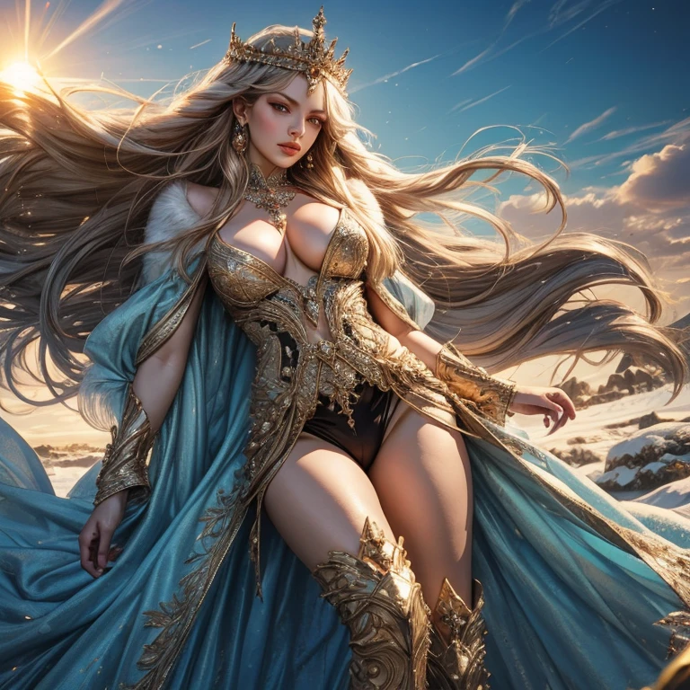 realistic photograph of an ice queen in a kingdom with the sun in the background, high definition, rich in details, UHD