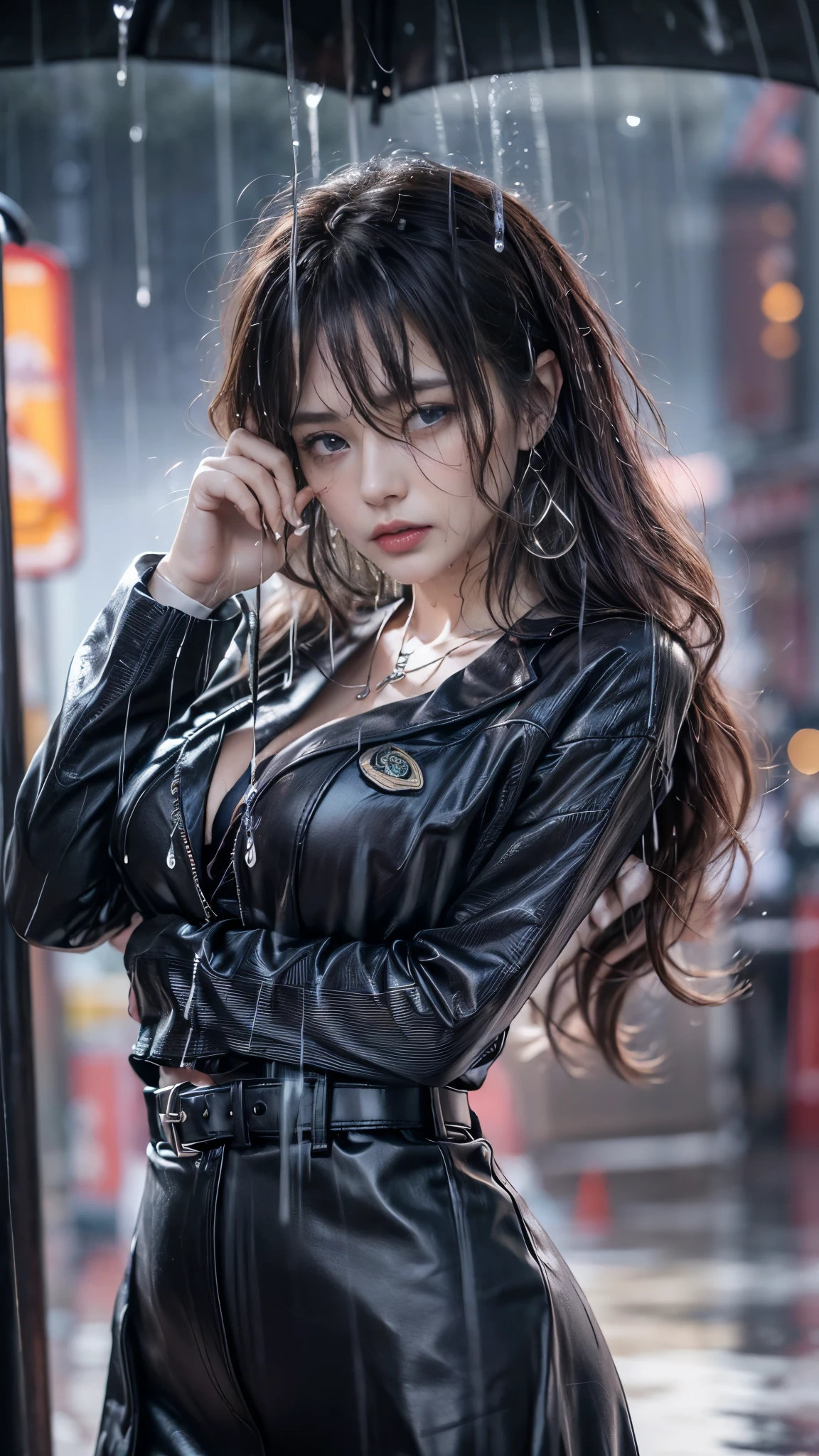 (RAW shooting, Photoreal:1.5, 8K, highest quality, masterpiece, ultra high resolution), perfect dynamic composition:1.2, Night street corner of a modern city, expression of sadness:0.7, look of resignation:0.7, ((((Typhoon heavy rain)))), Highly detailed skin and facial textures:1.2, Slim office lady wet in the rain:1.3, Fair skin:1.2, sexy beauty:1.1, perfect style:1.2, beautiful and aesthetic:1.1, very beautiful face:1.2, water droplets on the skin, (rain drips all over my body:1.2, wet body:1.2, wet hair:1.3, wet office skirt:1.2, wet office lady uniform:1.3), belt, (Medium chest, bra is see-through, Chest gap), (The expression on your face when you feel intense caress, Facial expression when feeling pleasure), (beautiful blue eyes, Eyes that feel beautiful eros:0.8), (Too erotic:0.9, Bewitching:0.9), cowboy shot, Shoulder bag, necklace, earrings, bracelet, clock