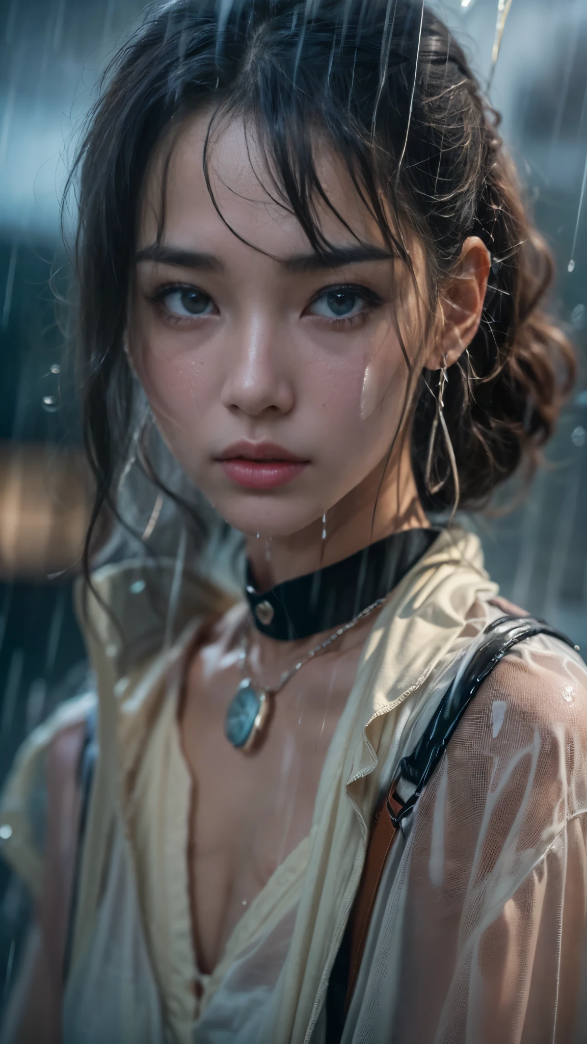 (RAW shooting, Photoreal:1.5, 8K, highest quality, masterpiece, ultra high resolution), perfect dynamic composition:1.2, Night street corner of a modern city, expression of sadness:0.7, look of resignation:0.7, ((((Typhoon heavy rain)))), Highly detailed skin and facial textures:1.2, Slim office lady wet in the rain:1.3, Fair skin:1.2, sexy beauty:1.1, perfect style:1.2, beautiful and aesthetic:1.1, very beautiful face:1.2, water droplets on the skin, (rain drips all over my body:1.2, wet body:1.2, wet hair:1.3, wet office skirt:1.2, wet office lady uniform:1.3), belt, (Medium chest, bra is see-through, Chest gap), (The expression on your face when you feel intense caress, Facial expression when feeling pleasure), (beautiful blue eyes, Eyes that feel beautiful eros:0.8), (Too erotic:0.9, Bewitching:0.9), cowboy shot, Shoulder bag, necklace, earrings, bracelet, clock